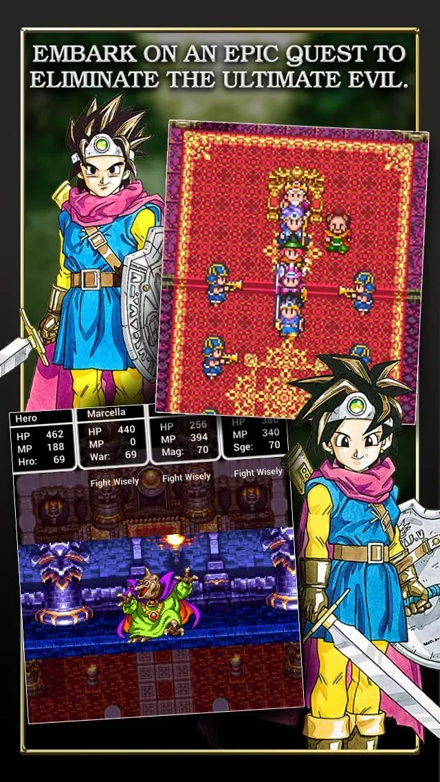 Màn hình chiến đấu trong Dragon Quest III, cho thấy hệ thống chiến đấu theo lượt kinh điển và thiết kế quái vật đặc trưng.
