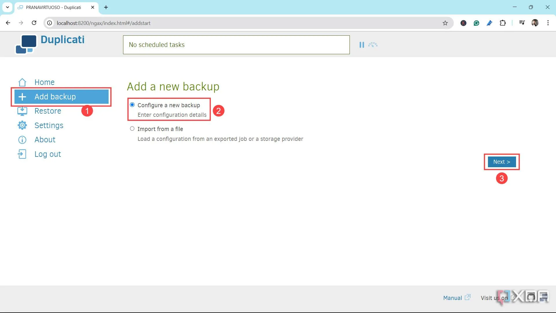 Màn hình chính của Duplicati với tùy chọn &quot;Add a backup&quot;