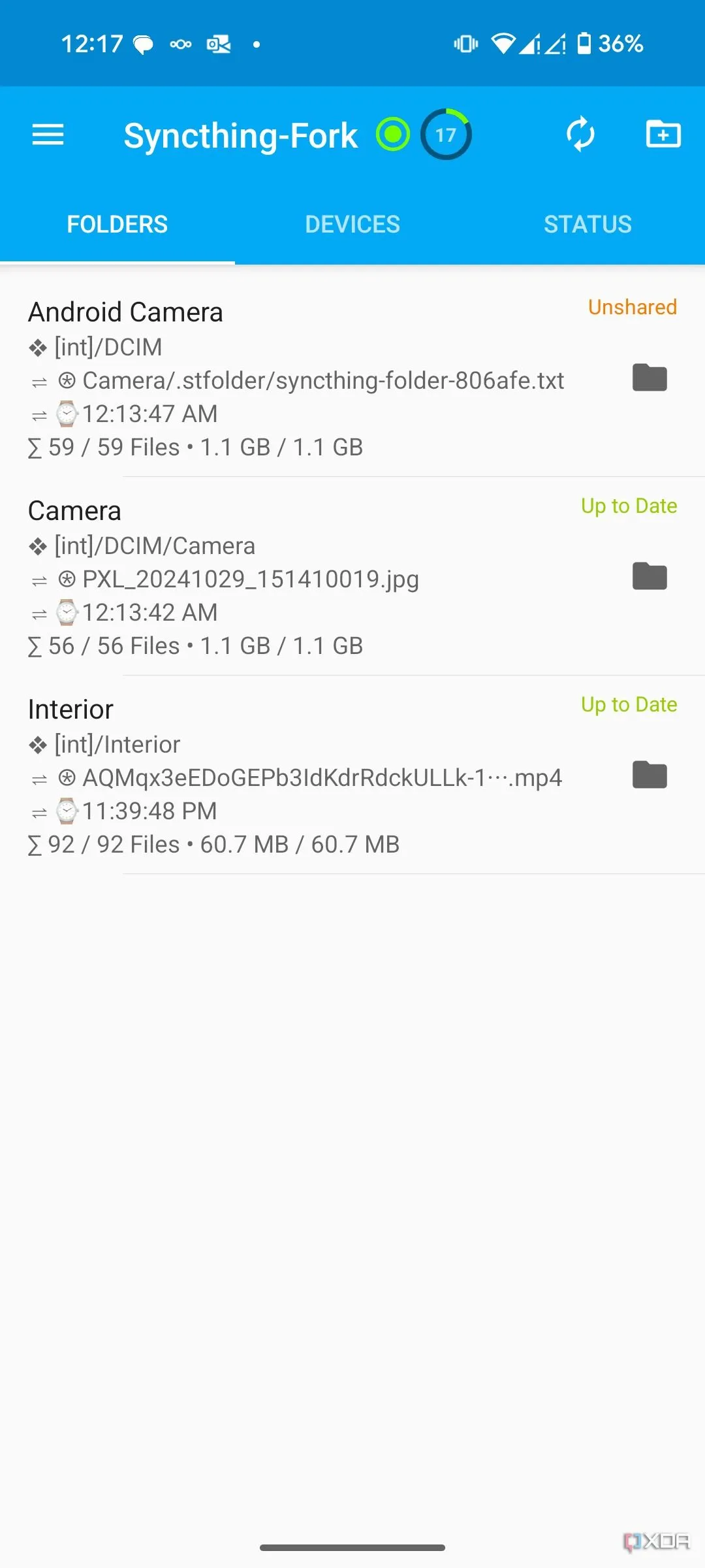Màn hình chính ứng dụng Syncthing trên thiết bị Android, biểu thị khả năng đồng bộ file trên di động.