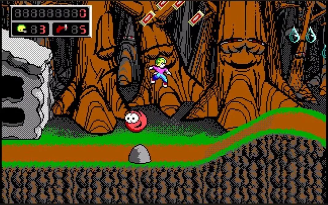 Màn hình chơi game Commander Keen 4 với nhân vật chính và đồ họa pixel đặc trưng của game platformer MS-DOS