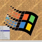 Màn hình desktop Windows 95 với logo lớn, thể hiện giao diện đồ họa thân thiện của hệ điều hành biểu tượng này
