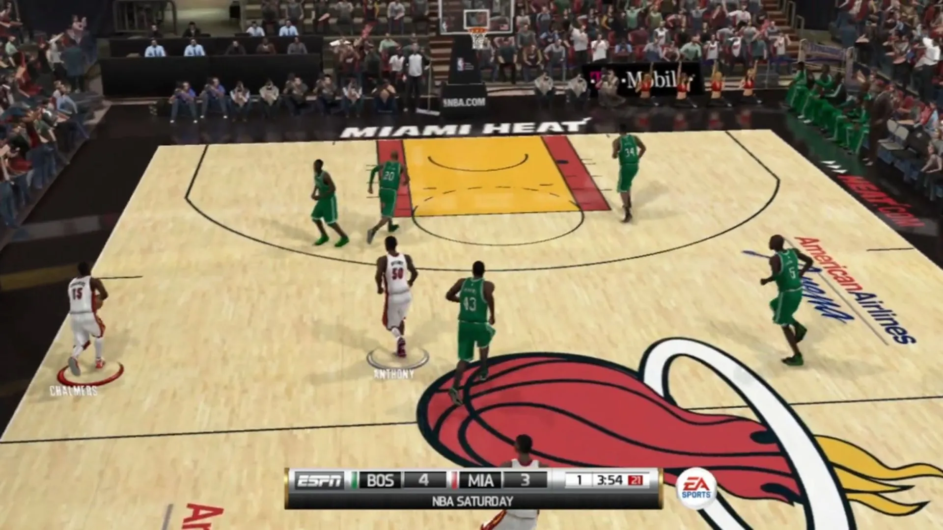Màn hình gameplay của game bóng rổ NBA Elite 11 trên PS3, cho thấy cầu thủ đang thực hiện cú ném rổ trong trận đấu.