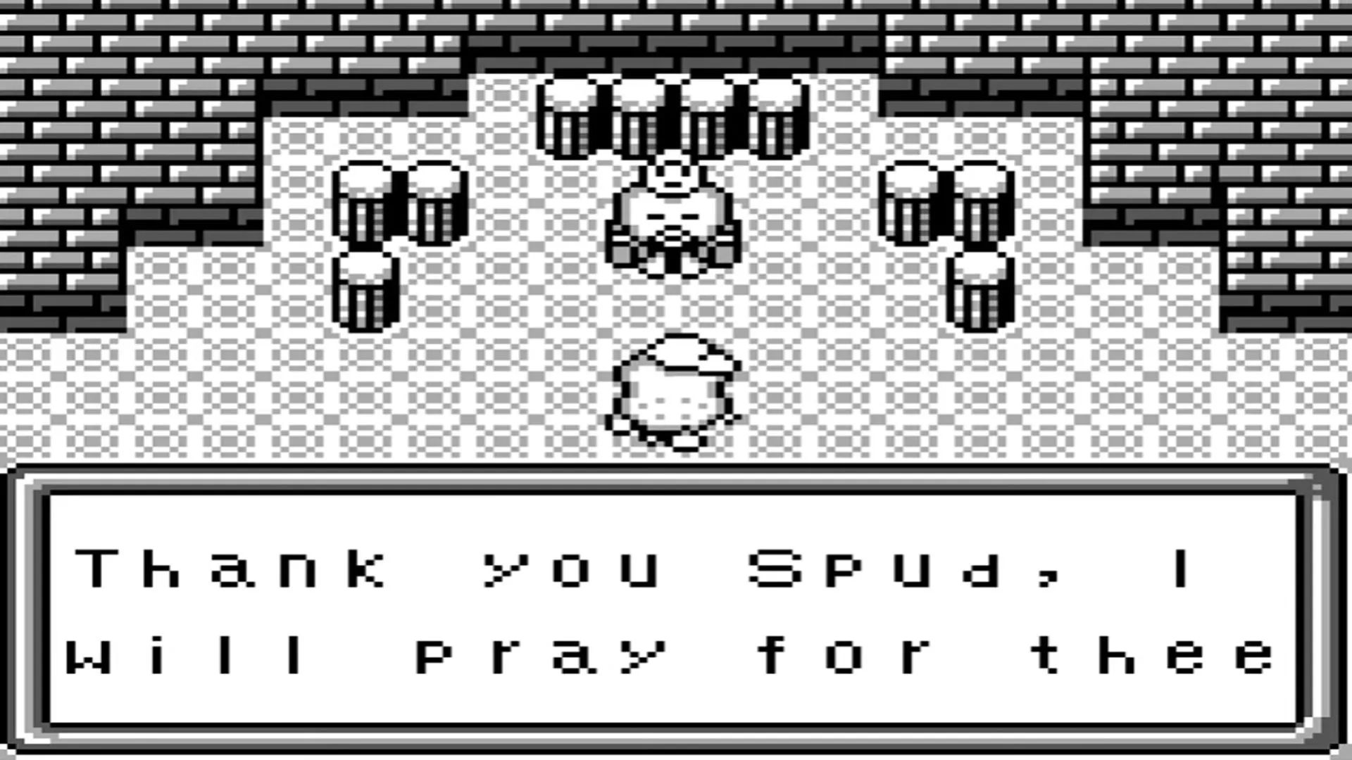 Màn hình gameplay của Spud's Adventure trên Game Boy, với nhân vật chính Spud di chuyển trên bản đồ top-down đầy rau củ.