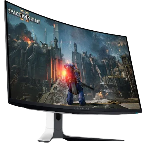 Màn hình gaming Alienware AW3225QF với thiết kế cong và viền mỏng, hiển thị hình ảnh sống động.