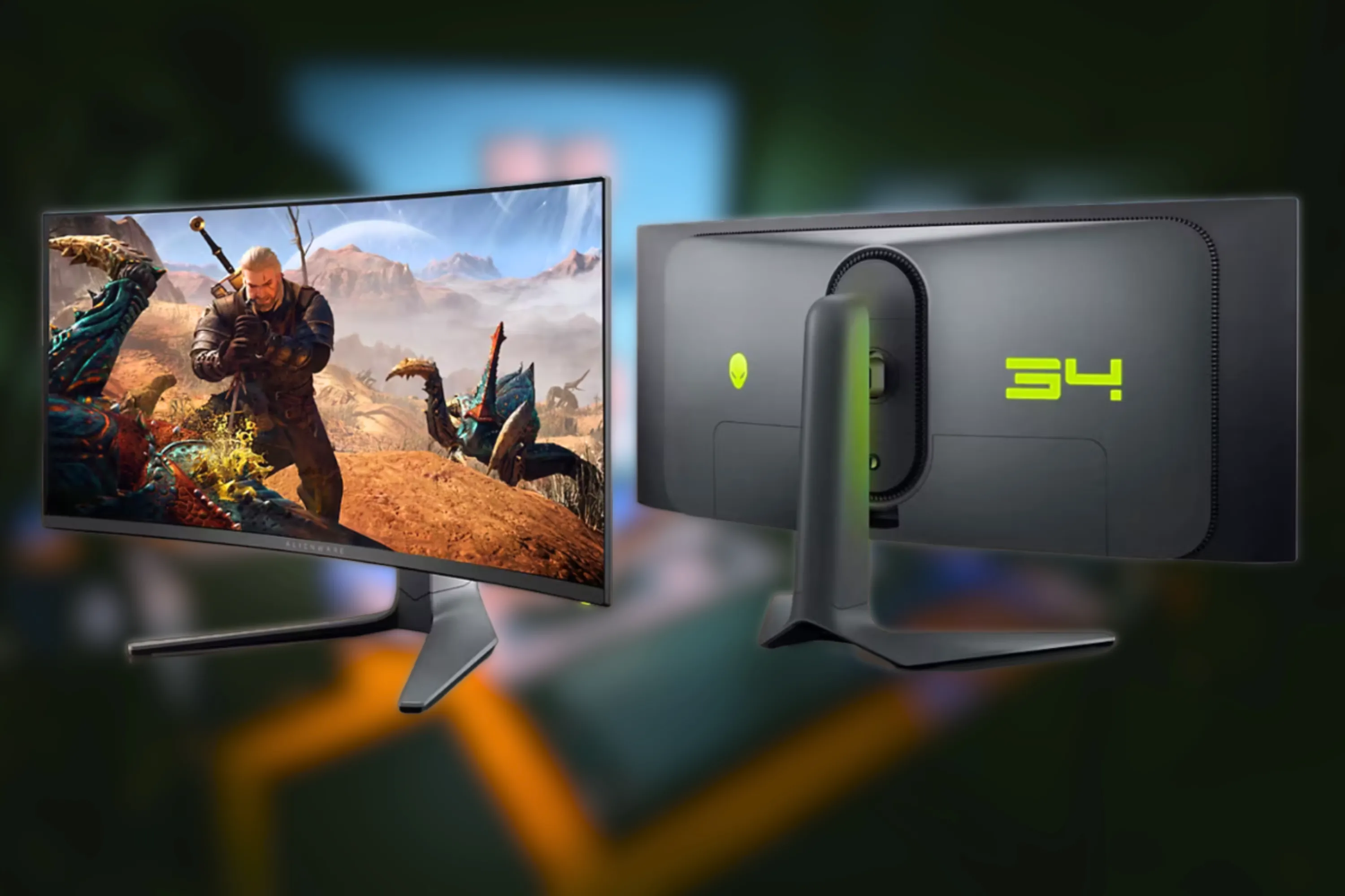 Màn hình gaming Alienware AW3423DWF đặt trên bàn làm việc