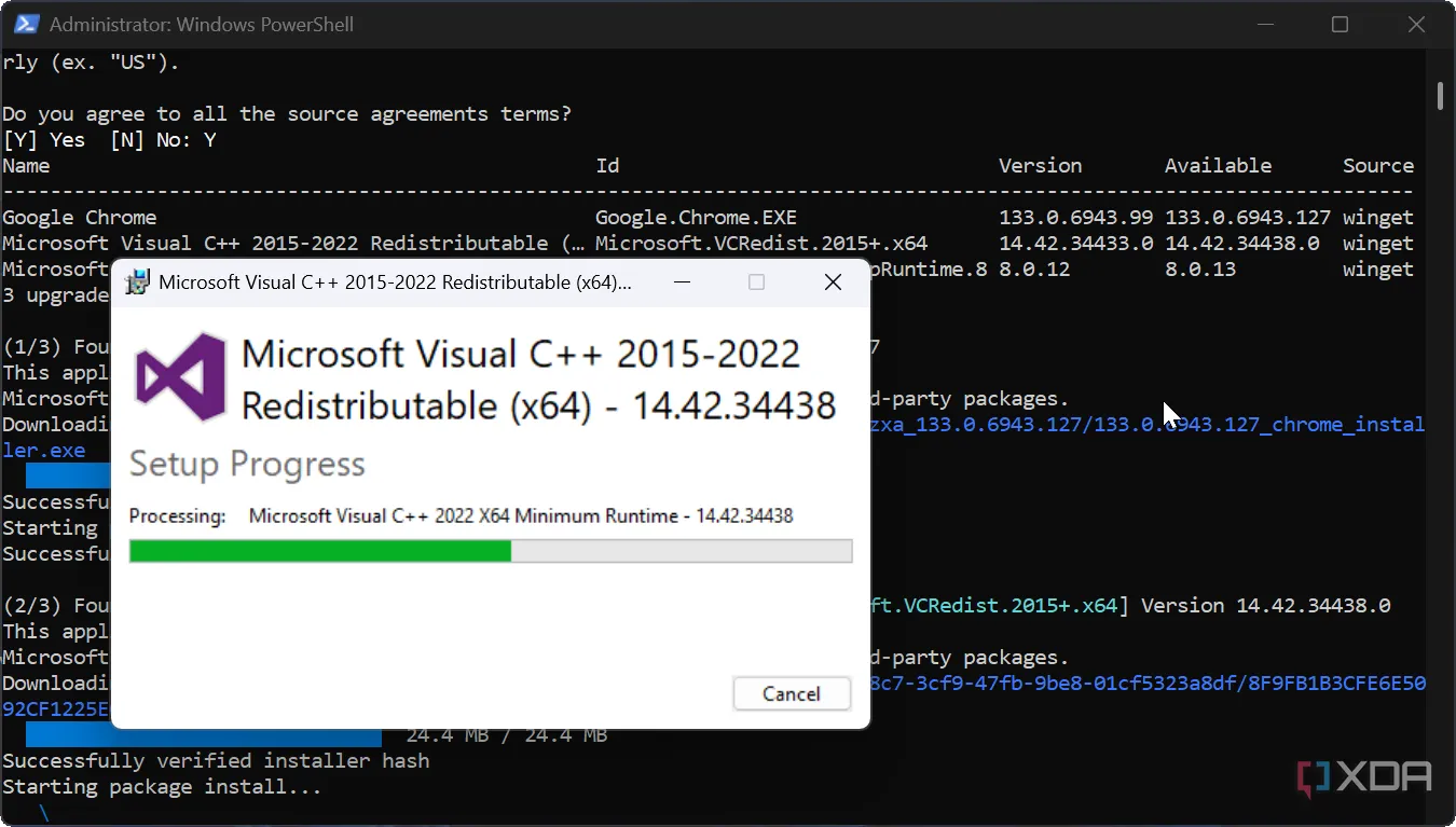 Màn hình hiển thị quá trình cài đặt bản cập nhật Microsoft Visual thông qua script PowerShell, minh họa việc cập nhật ứng dụng tự động