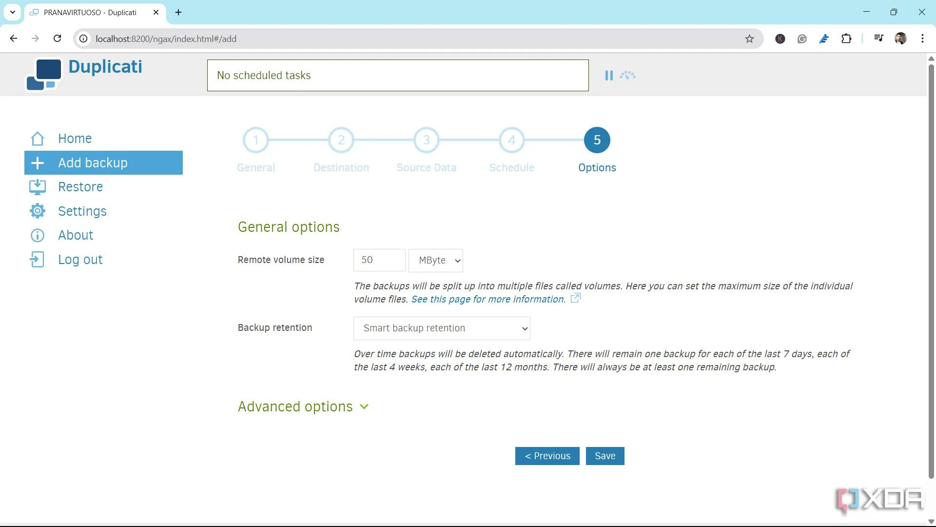 Màn hình lựa chọn chế độ giữ lại bản sao lưu &quot;Smart Backup Retention&quot; trong Duplicati