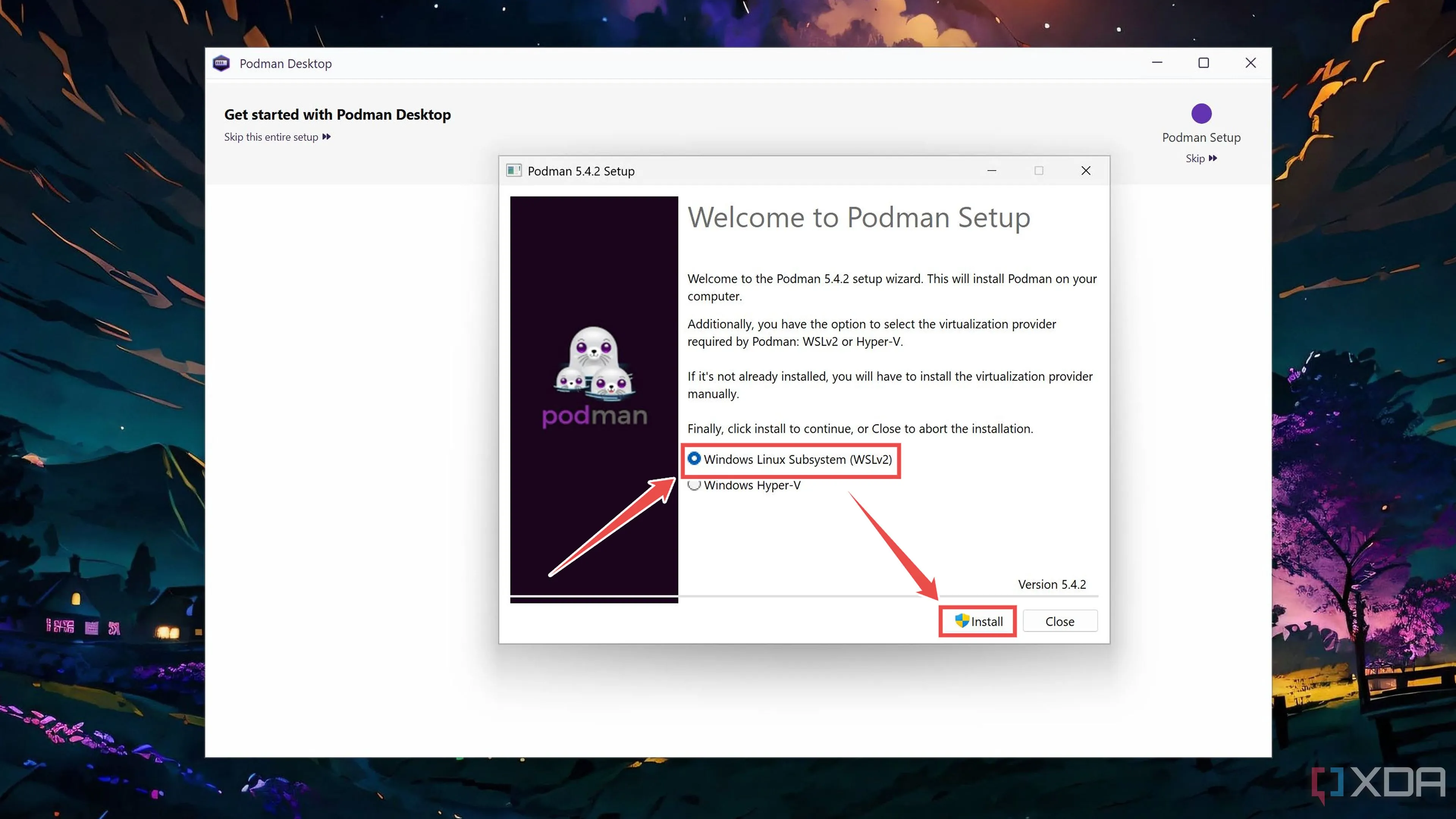 Màn hình lựa chọn WSLv2 làm môi trường chạy cho Podman trong quá trình cài đặt Podman Desktop.