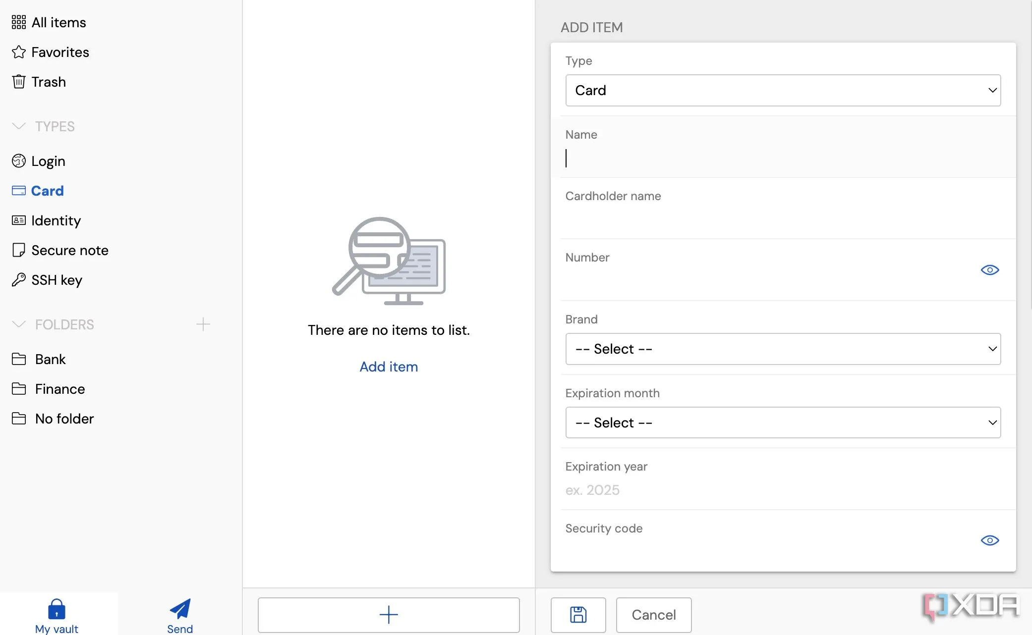 Màn hình tạo mục nhập mới trong Bitwarden, bao gồm các lựa chọn như Login và Card cho việc quản lý mật khẩu và thông tin.