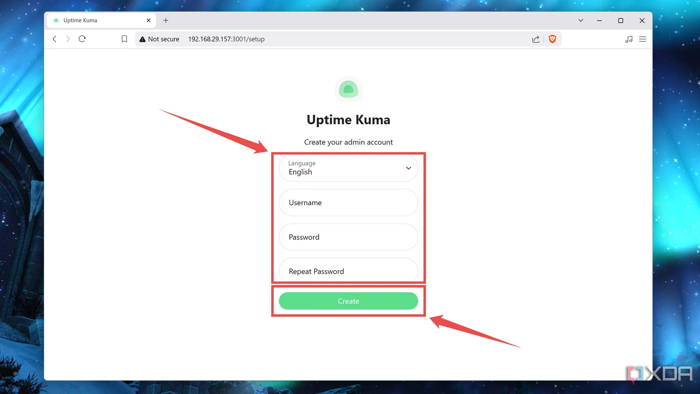 Màn hình tạo tài khoản người dùng ban đầu trên giao diện web Uptime Kuma.