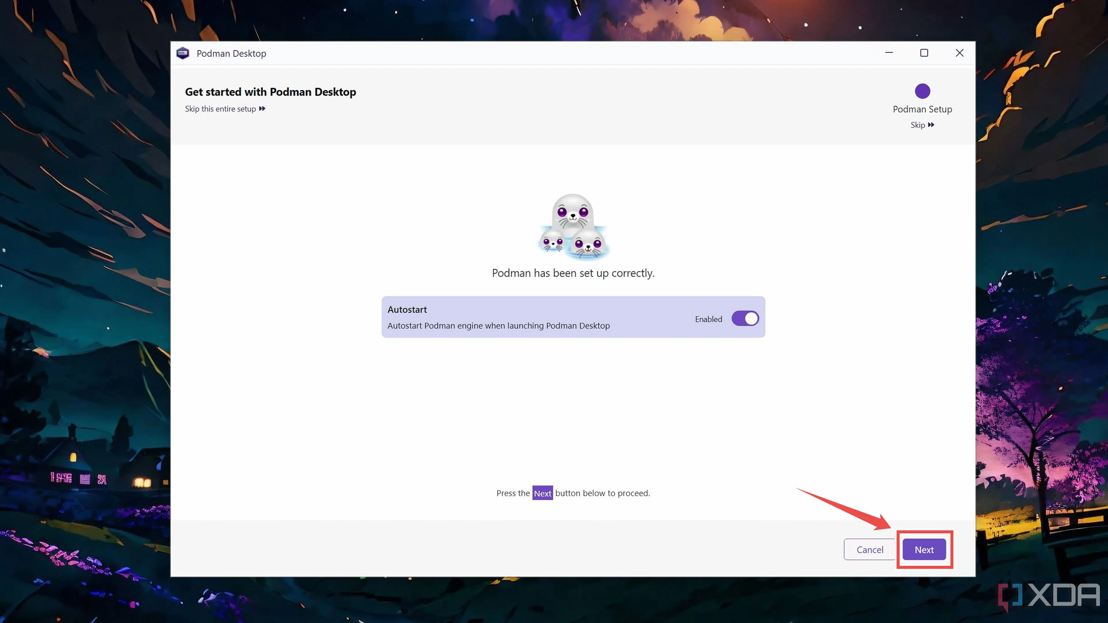 Màn hình thông báo Podman đã được cài đặt thành công, sẵn sàng để cấu hình Podman Desktop.