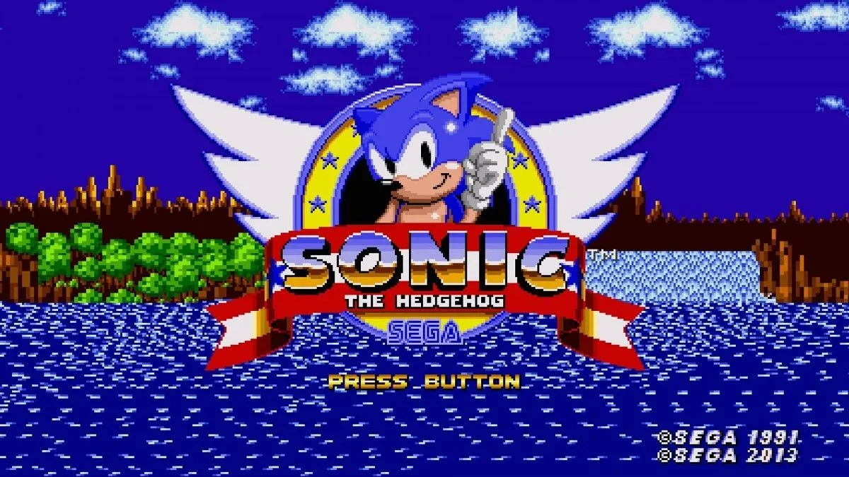 Màn hình tiêu đề game Sonic the Hedgehog trên Sega Genesis, biểu tượng cạnh tranh của Sega những năm 90