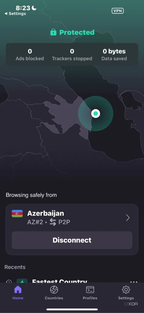 Màn hình ứng dụng Proton VPN trên iPhone hiển thị trạng thái ngắt kết nối với máy chủ.