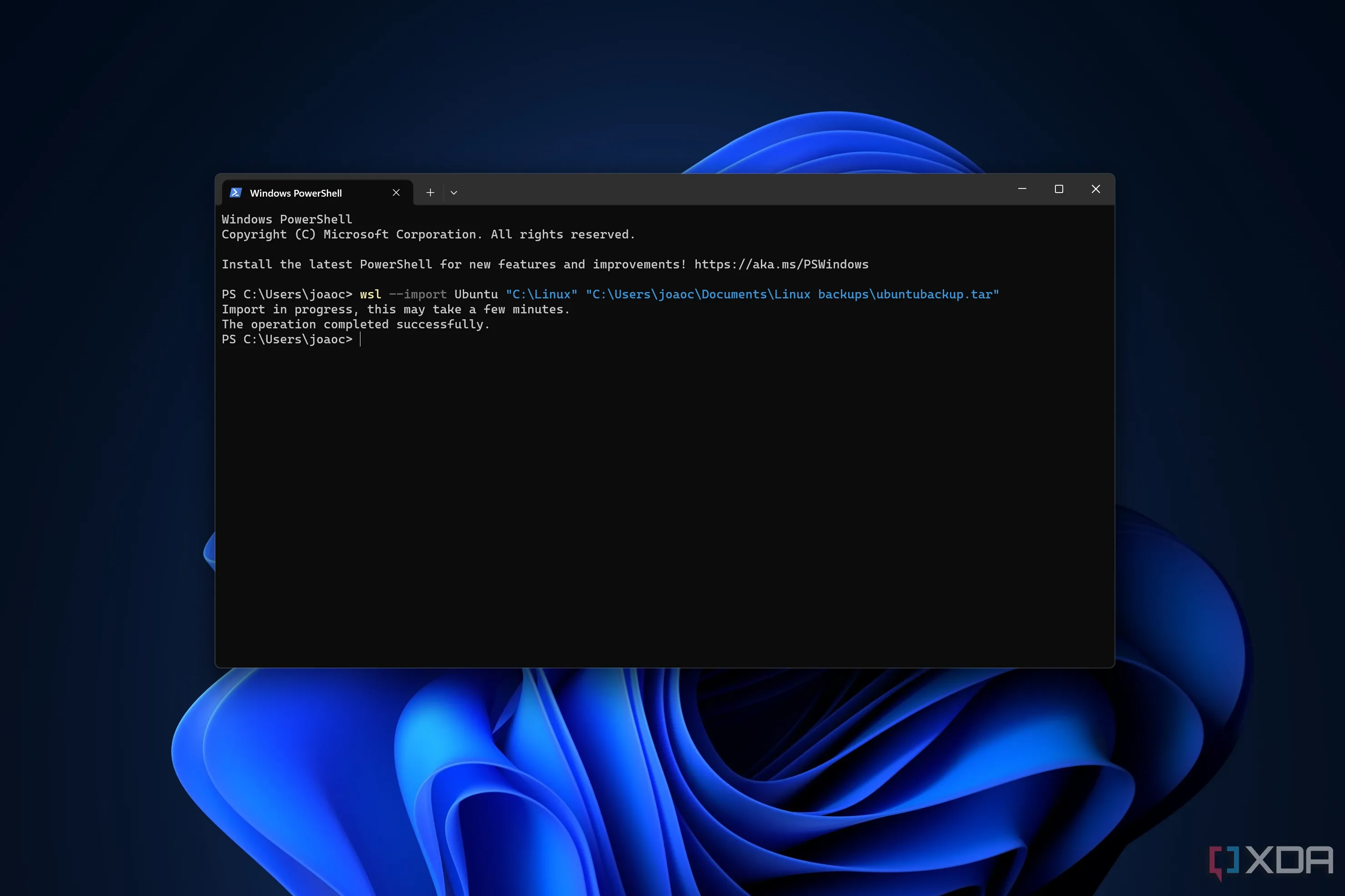 Màn hình Windows Terminal hiển thị quá trình nhập bản sao lưu WSL, minh họa việc quản lý các bản phân phối Linux.