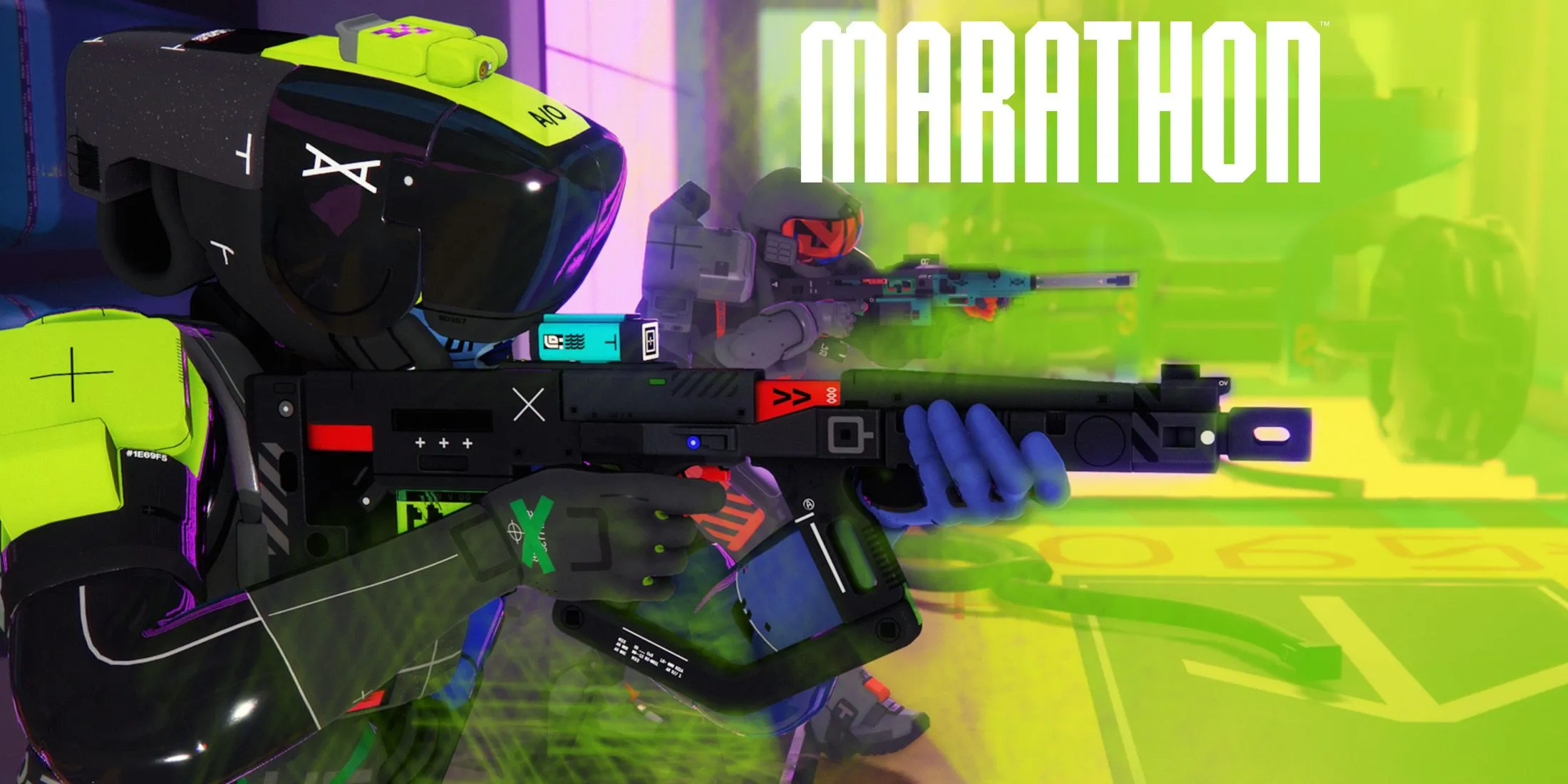 Marathon Promo Screenshot: Hai nhân vật cầm súng trường tấn công đứng trước logo game với nền màu xanh lá cây rực rỡ