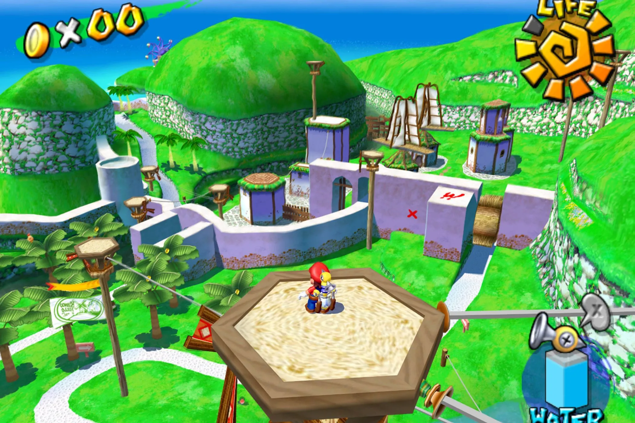 Mario đang dọn dẹp trên tháp tại Isle Delfino trong Super Mario Sunshine