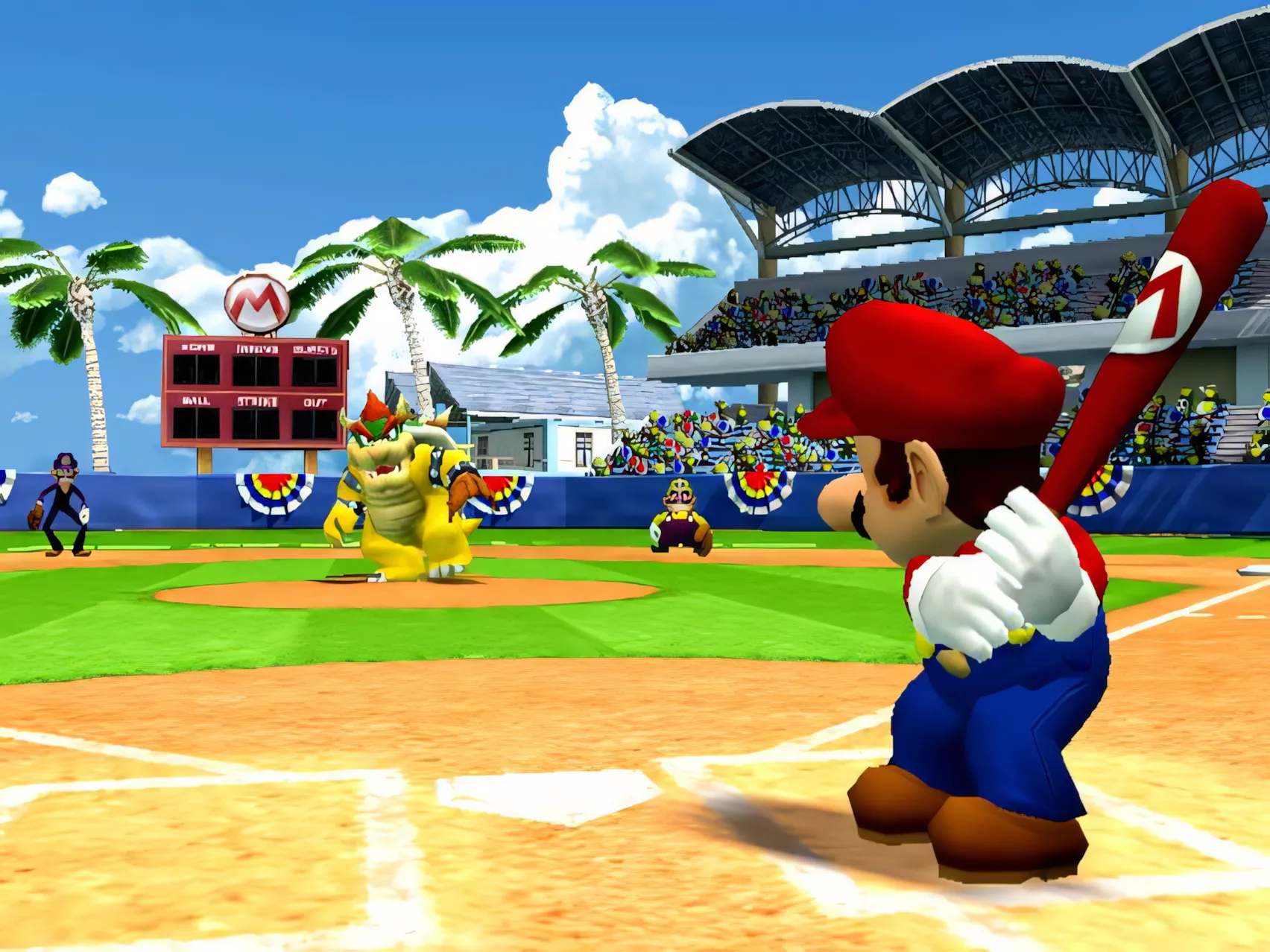 Mario đang thực hiện cú đánh bóng trong game Mario Superstar Baseball.