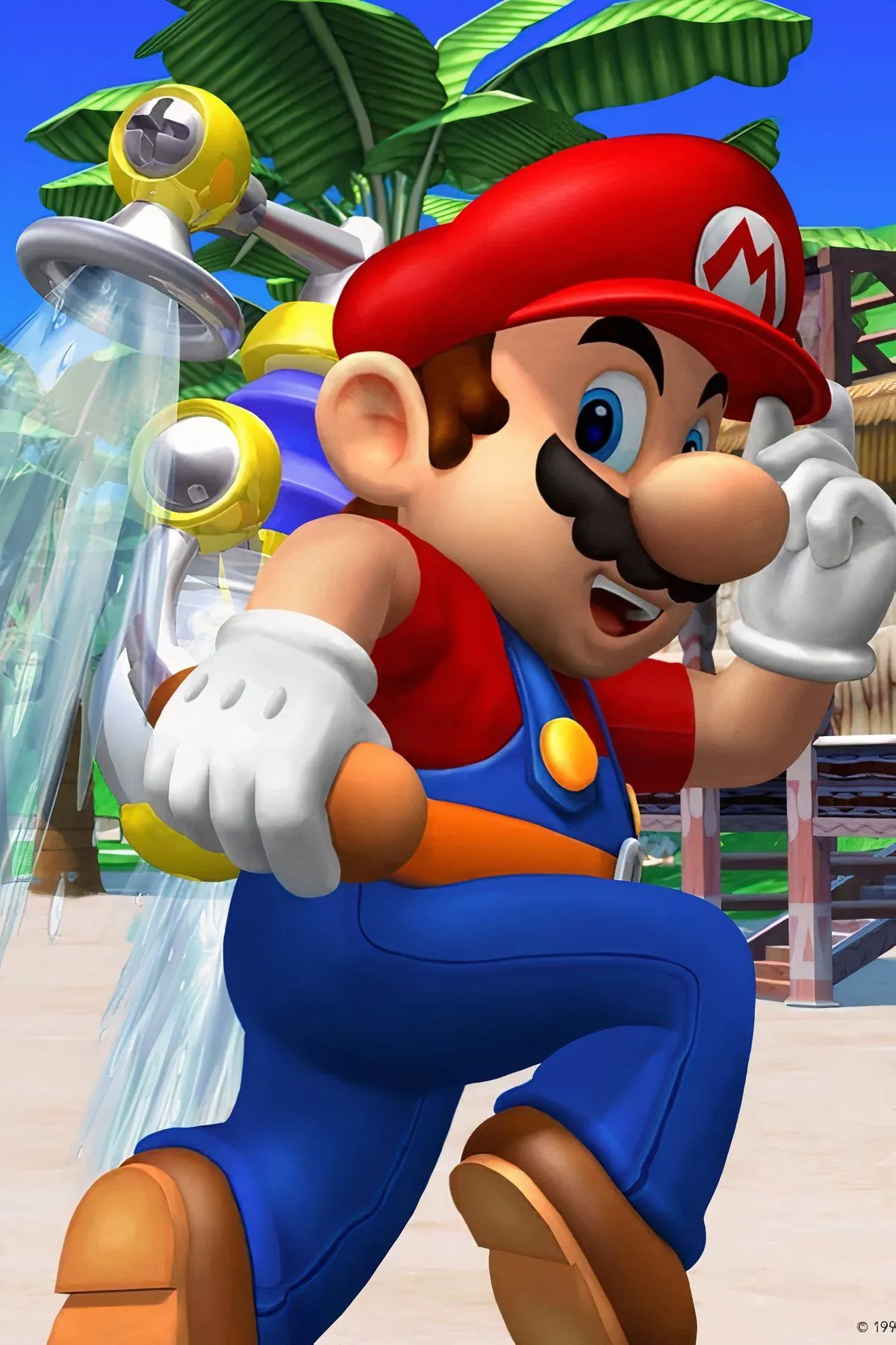 Mario sử dụng thiết bị phun nước FLUDD trong Super Mario Sunshine, khám phá hòn đảo nhiệt đới Isle Delfino với lối chơi độc đáo.