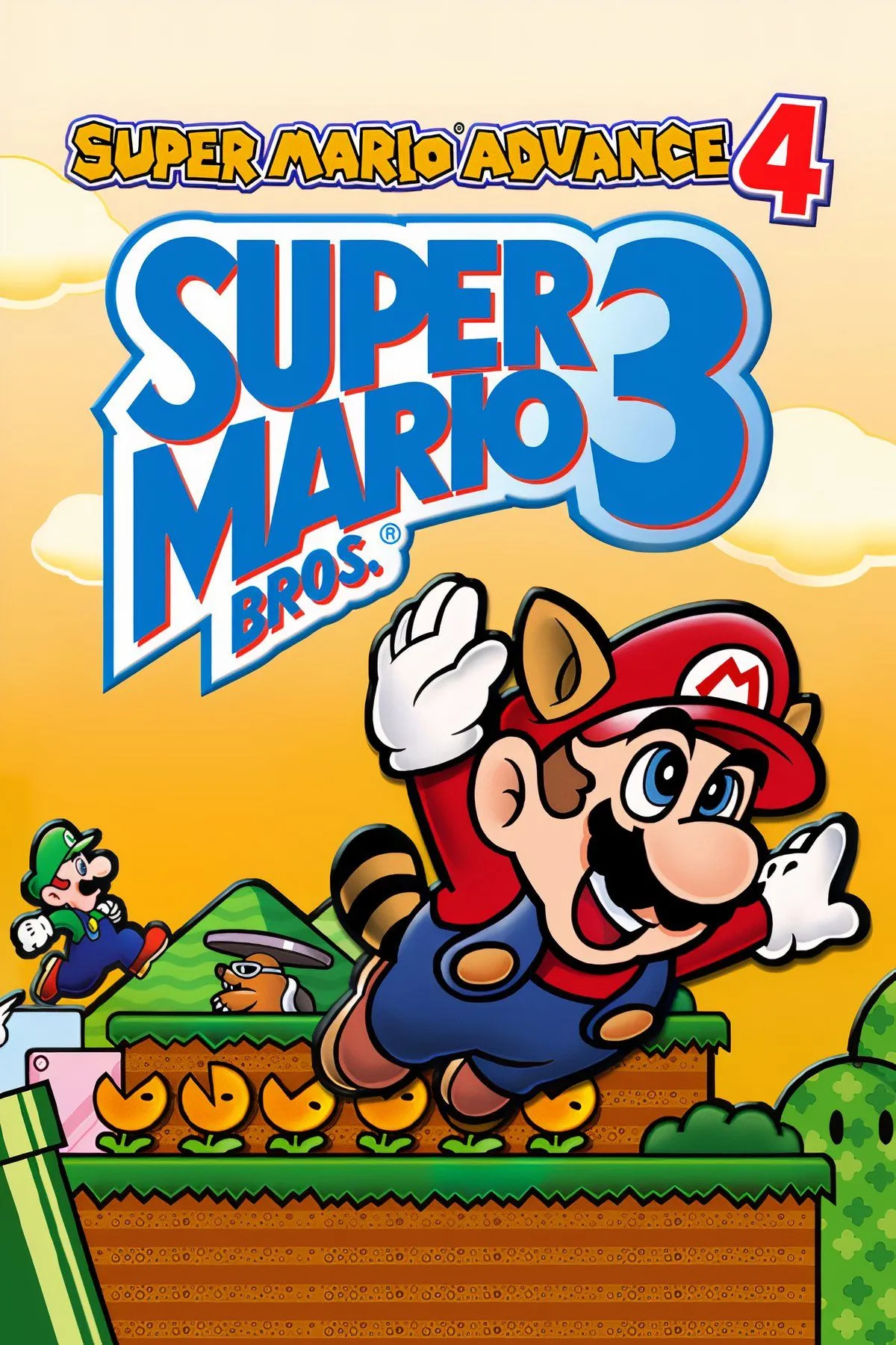 Mario trong trang phục Tanooki bay lượn trên Game Boy Advance, tái hiện màn chơi kinh điển của Super Mario Advance 4