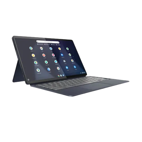 Mặt trước của Lenovo IdeaPad Duet 5 với màn hình hiển thị giao diện ChromeOS và bàn phím