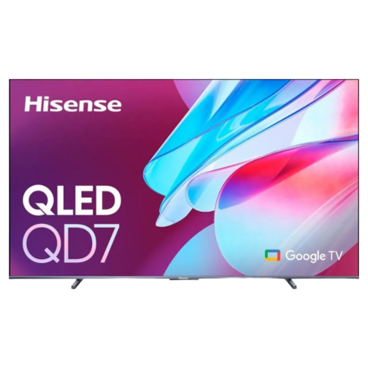 Mặt trước của Smart TV Hisense QD7 Series QLED 4K UHD Google TV, hiển thị màn hình sáng