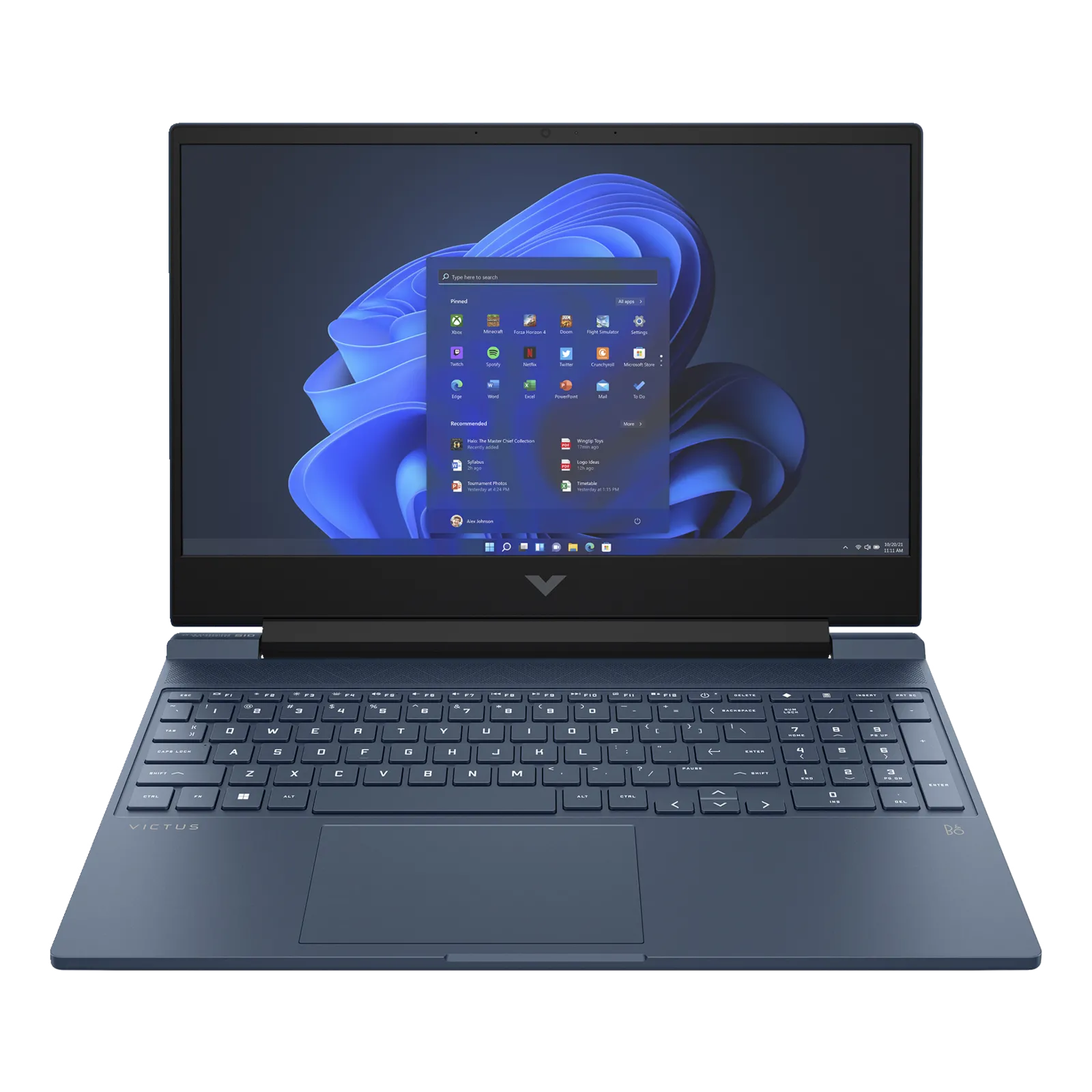 Mặt trước laptop HP Victus 15 2023 màu xanh với màn hình hiển thị.