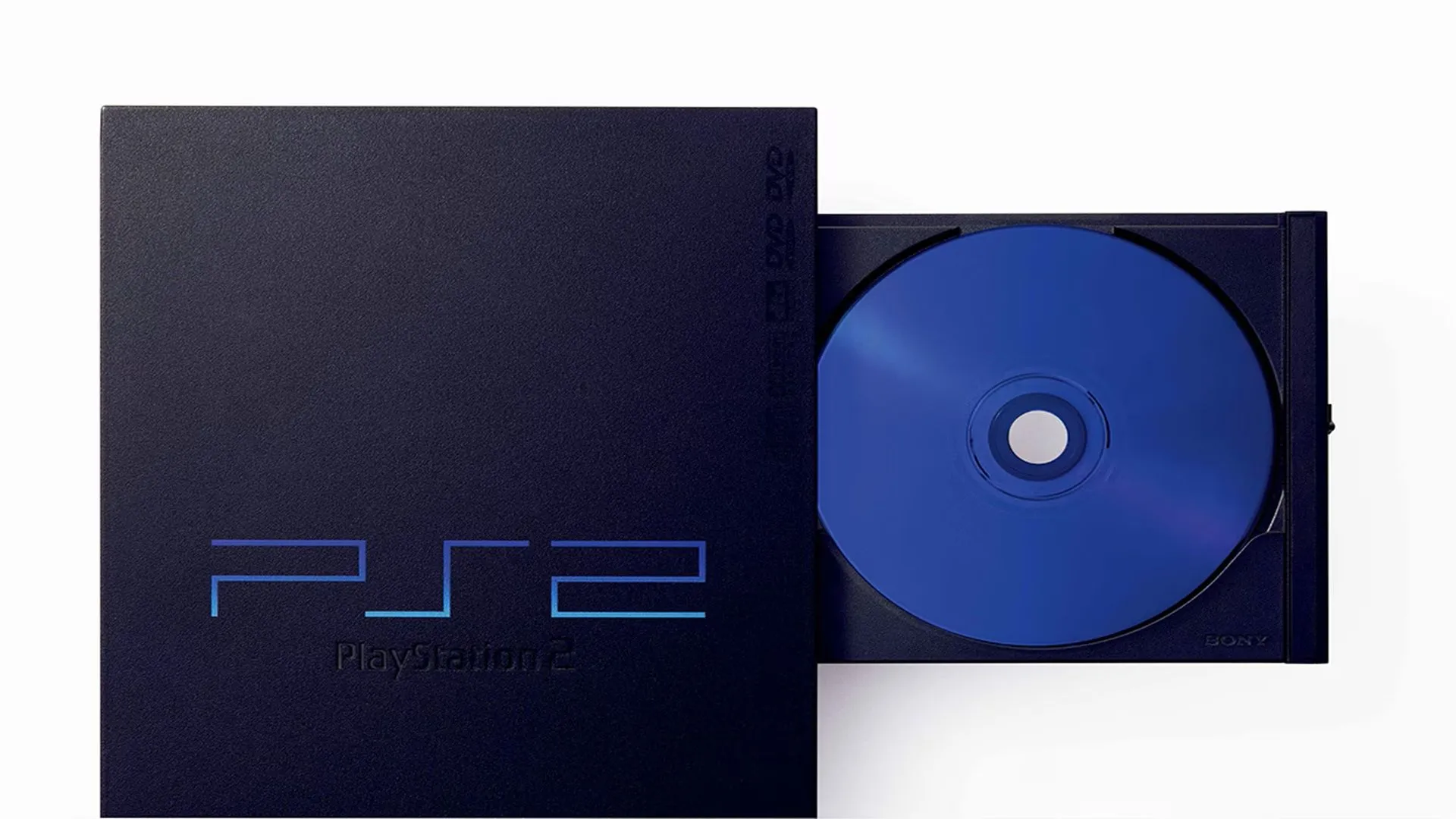 Máy chơi game PlayStation 2 với khay đĩa mở, thể hiện khả năng đọc đa dạng các định dạng đĩa