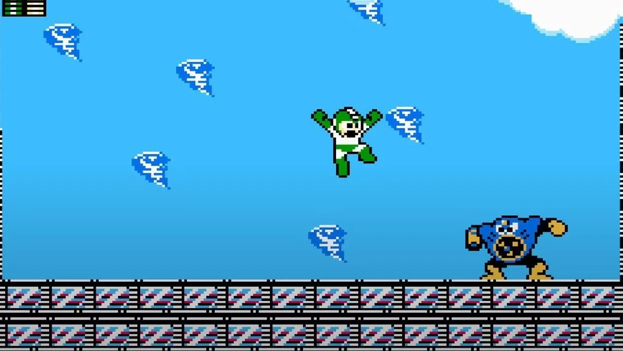 Mega Man 2 chiến đấu với Air Man, một trong những trùm robot nổi tiếng của game, minh họa lối chơi hành động platformer của tựa game NES kinh điển.