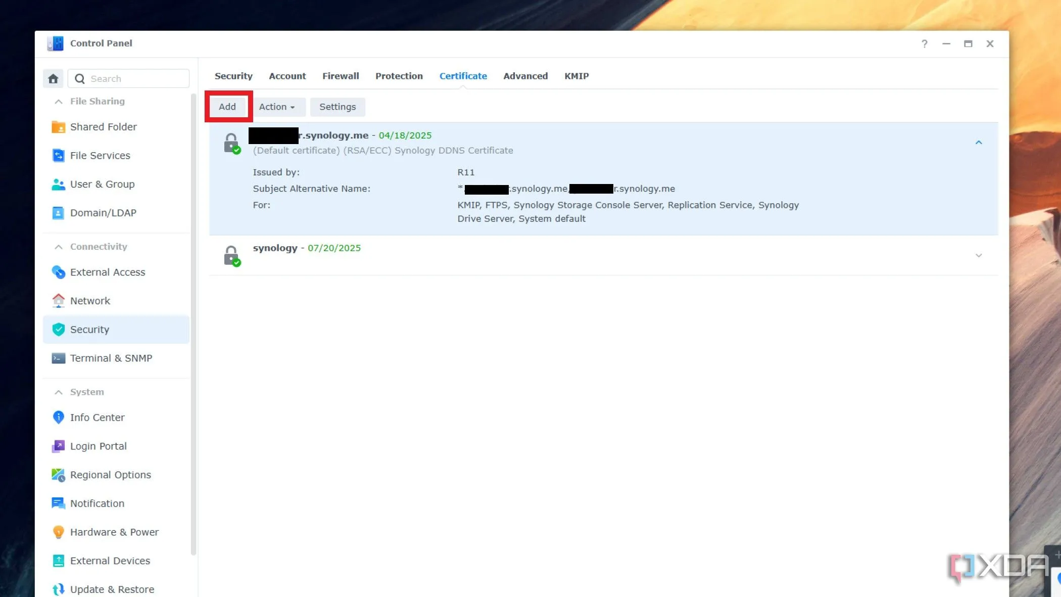 Menu chứng chỉ SSL trong bảng điều khiển Synology DSM