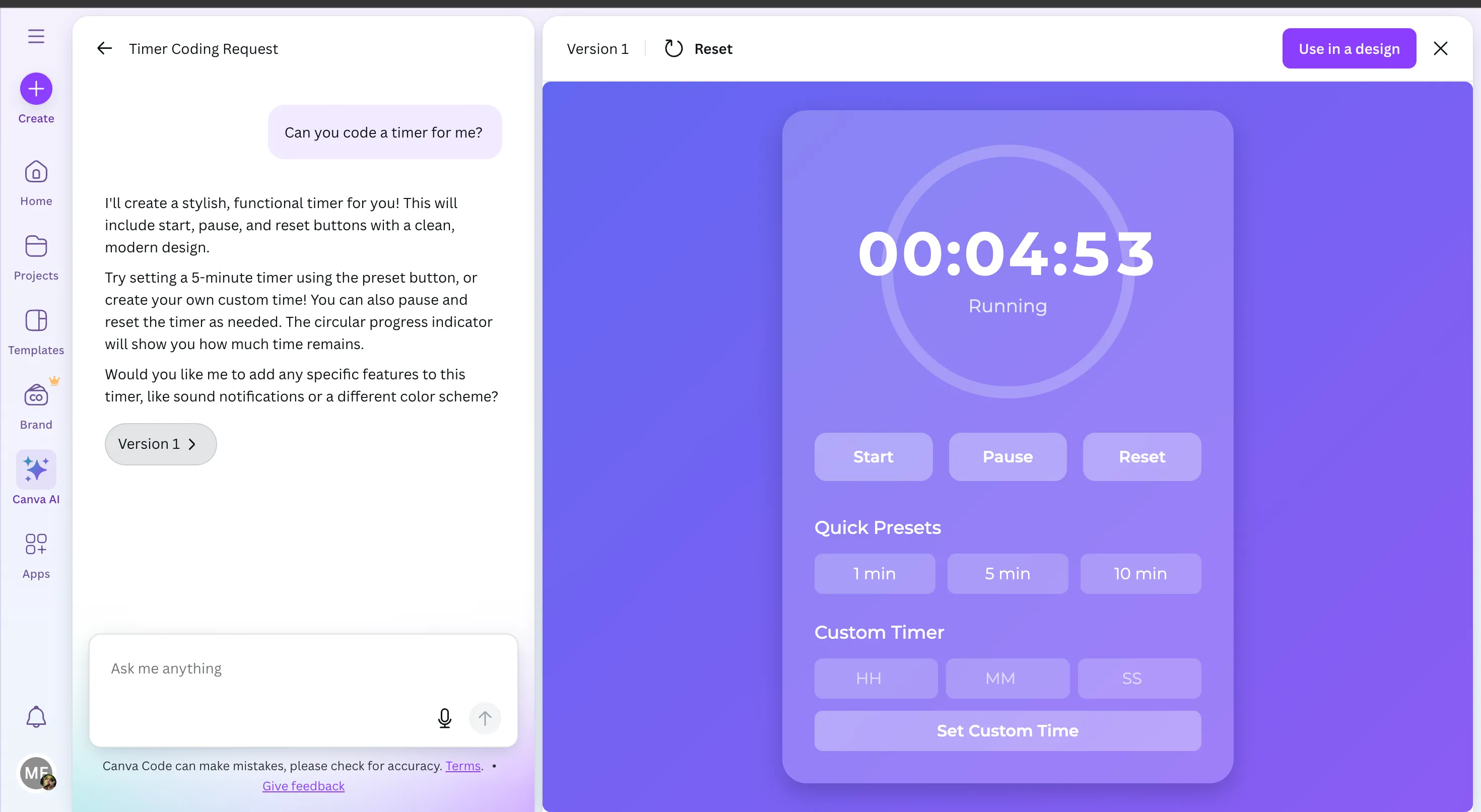 Minh họa bộ đếm thời gian (timer) màu tím được tạo ra bởi trợ lý lập trình Canva Code, thể hiện khả năng tạo công cụ tương tác tùy chỉnh.