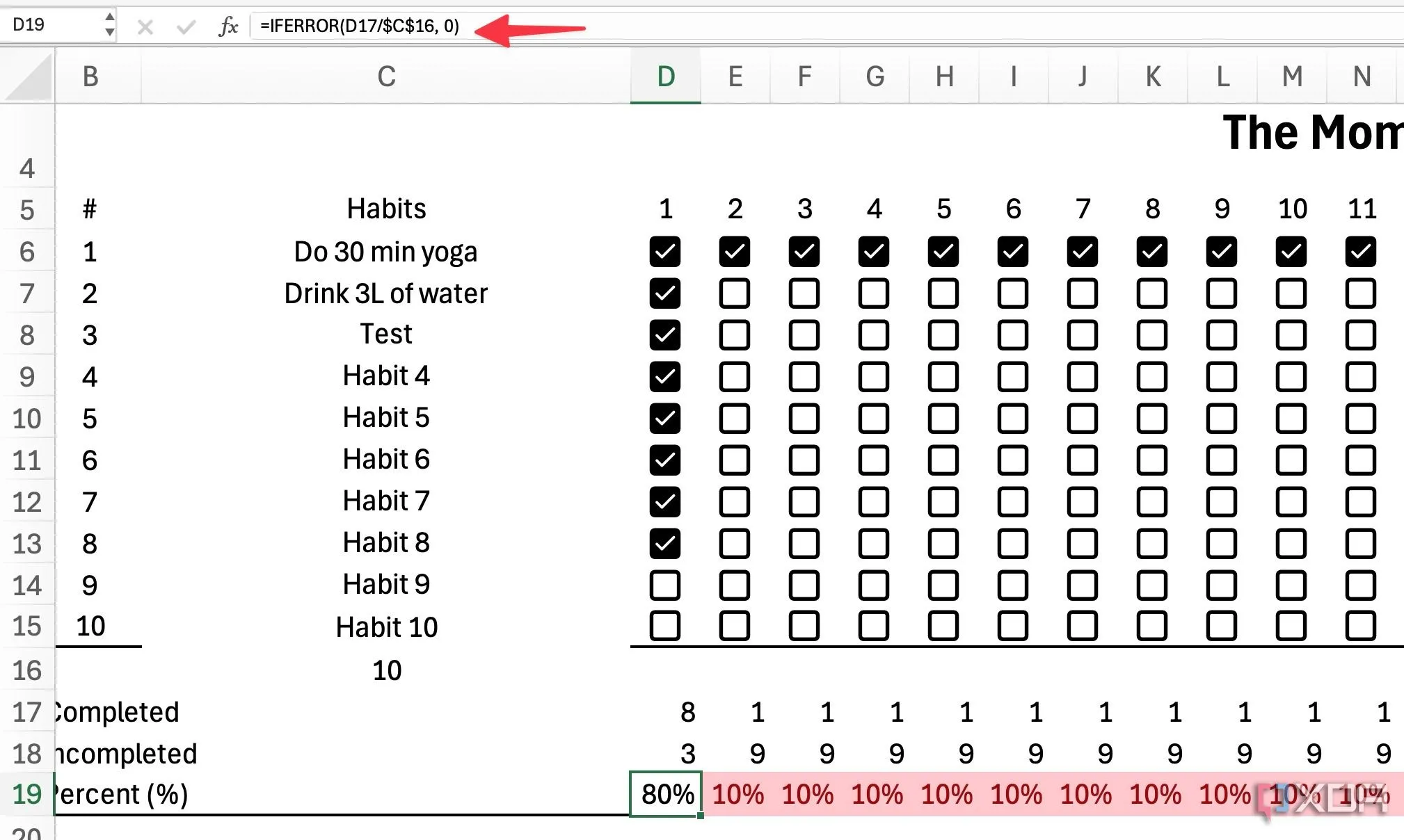 Minh họa công thức IFERROR để tính tỷ lệ phần trăm thói quen đã hoàn thành trong Excel, tránh lỗi chia cho 0.