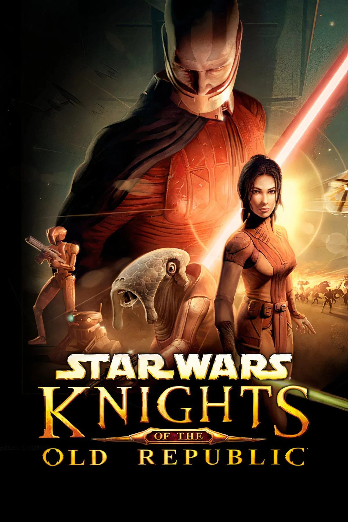 Một cảnh trong Star Wars: Knights of the Old Republic, thể hiện đội hình nhân vật đa dạng cùng người chơi khám phá thiên hà xa xôi.