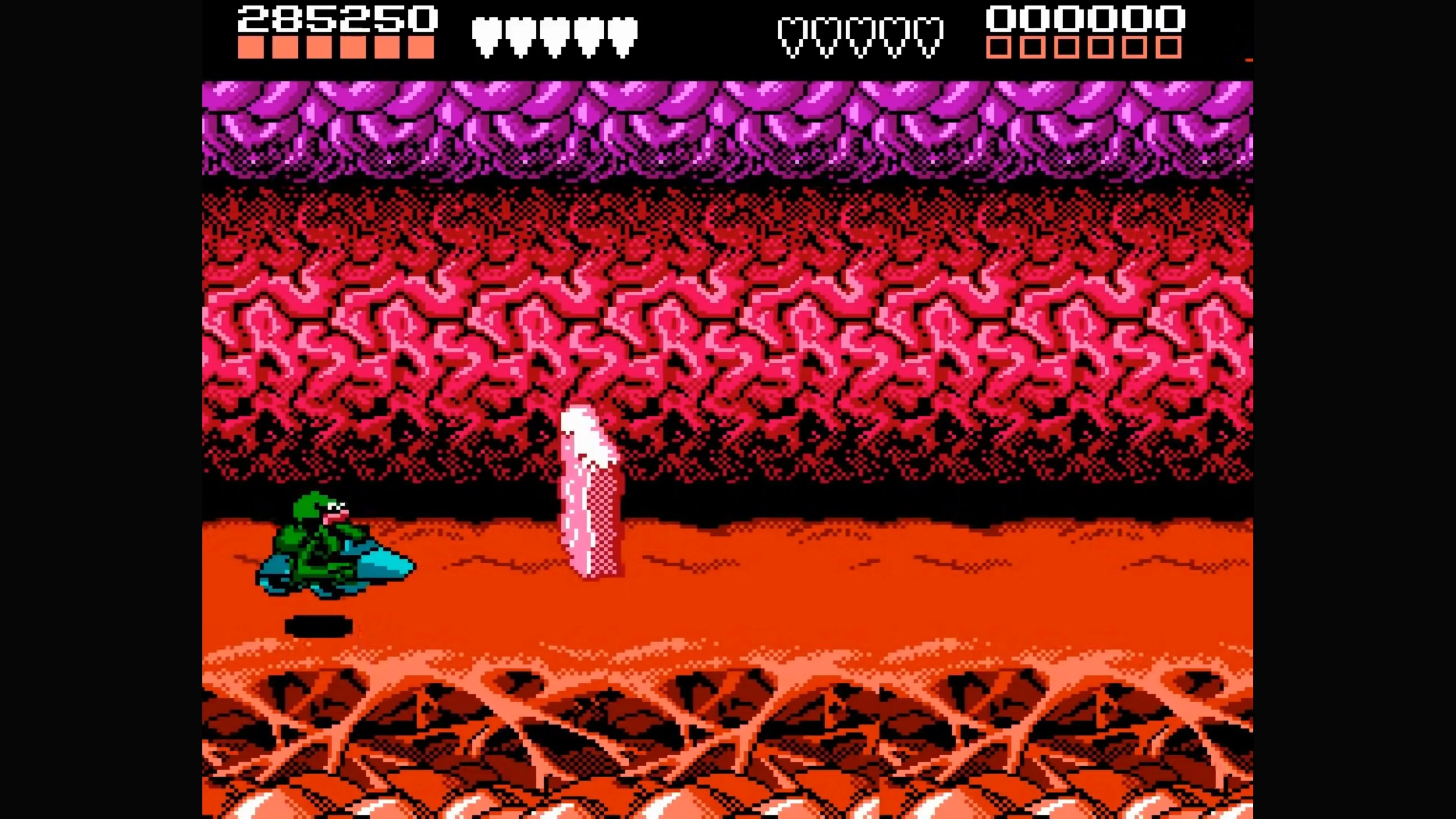 Một cảnh từ Battletoads (1991) cho thấy lối chơi beat 'em up hỗn loạn với nhiều kẻ thù