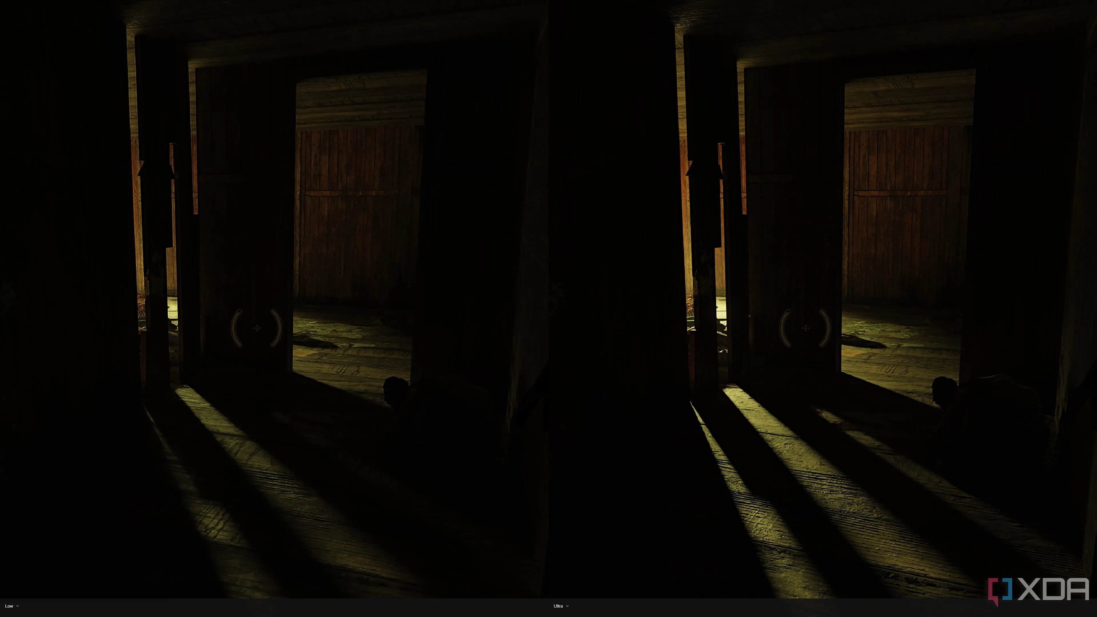 Một cảnh u ám trong Half-Life 2 RTX tại Ravenholm, thể hiện hiệu ứng ánh sáng dò tia tạo nên không khí game độc đáo.
