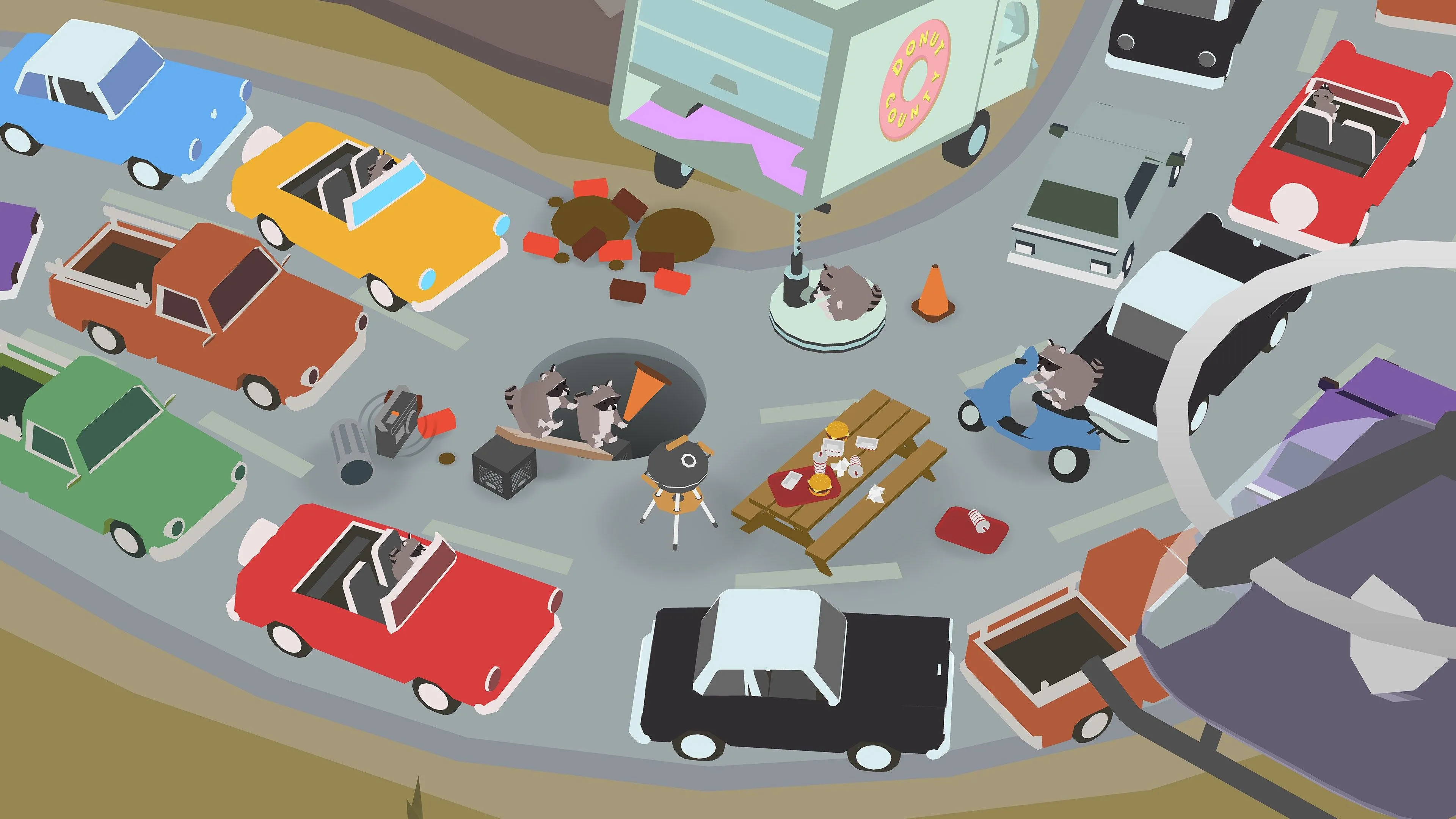 Một chiếc thuyền đang chìm dần vào cái hố trong Donut County, cảnh tượng hài hước của tựa game giải đố vật lý