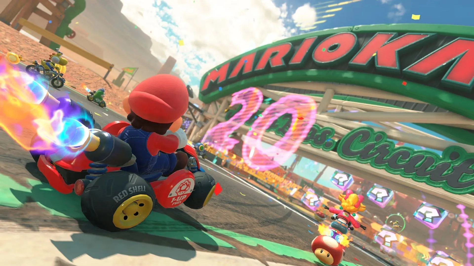 Một đường đua phức tạp trong Mario Kart World, với nhiều chướng ngại vật và lối đi ẩn.