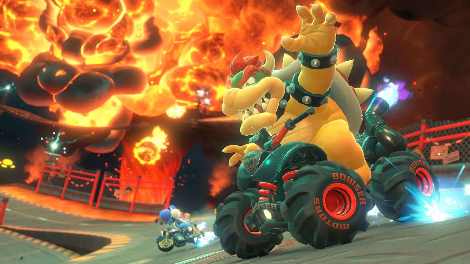 Một góc nhìn khác về cuộc đua trong Mario Kart World, với các hiệu ứng đặc biệt và vật phẩm hỗ trợ.