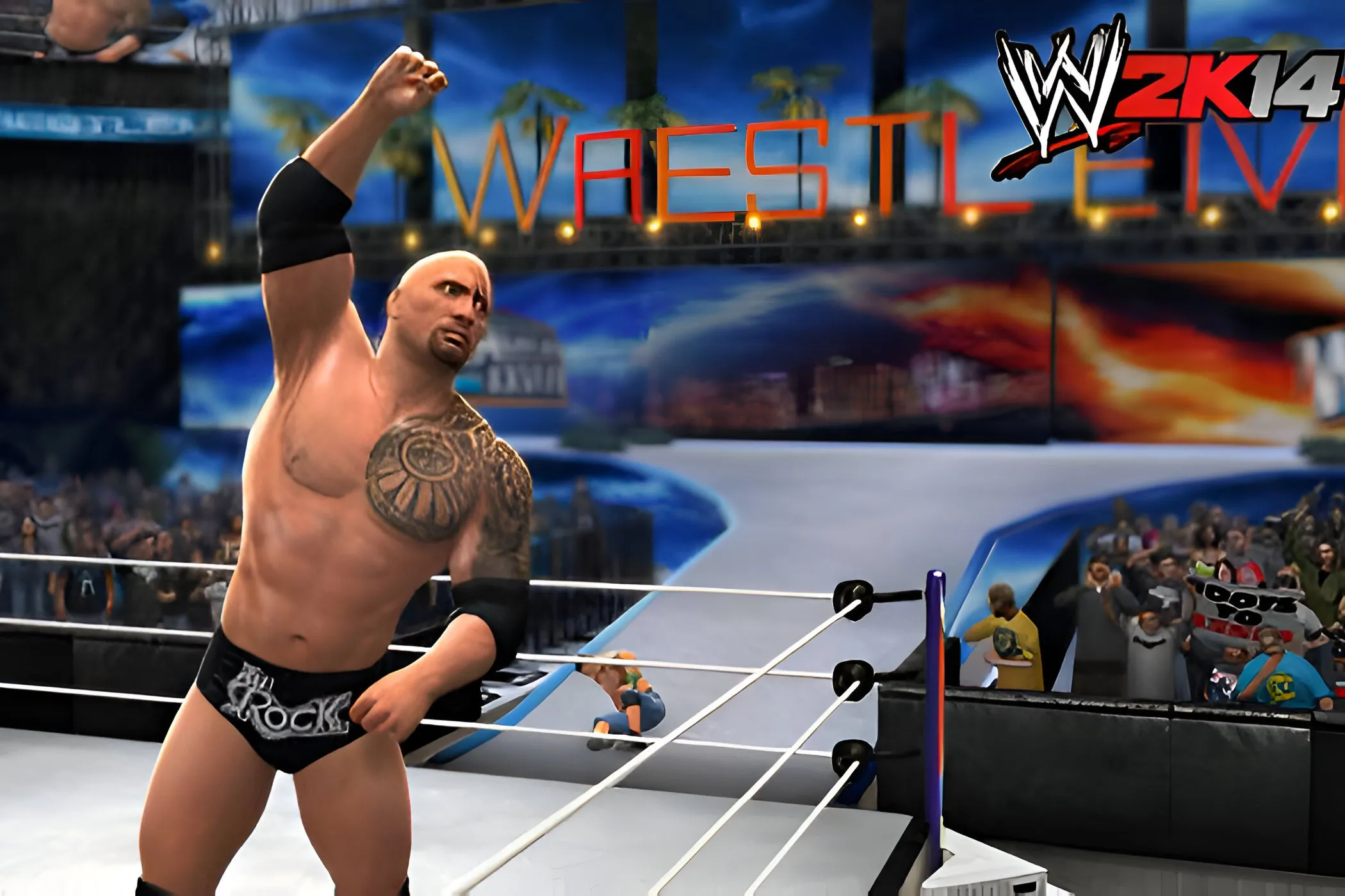 Một hình ảnh từ WWE 2K14, cho thấy The Rock ra hiệu cho khán giả bằng cách giơ tay lên trời.