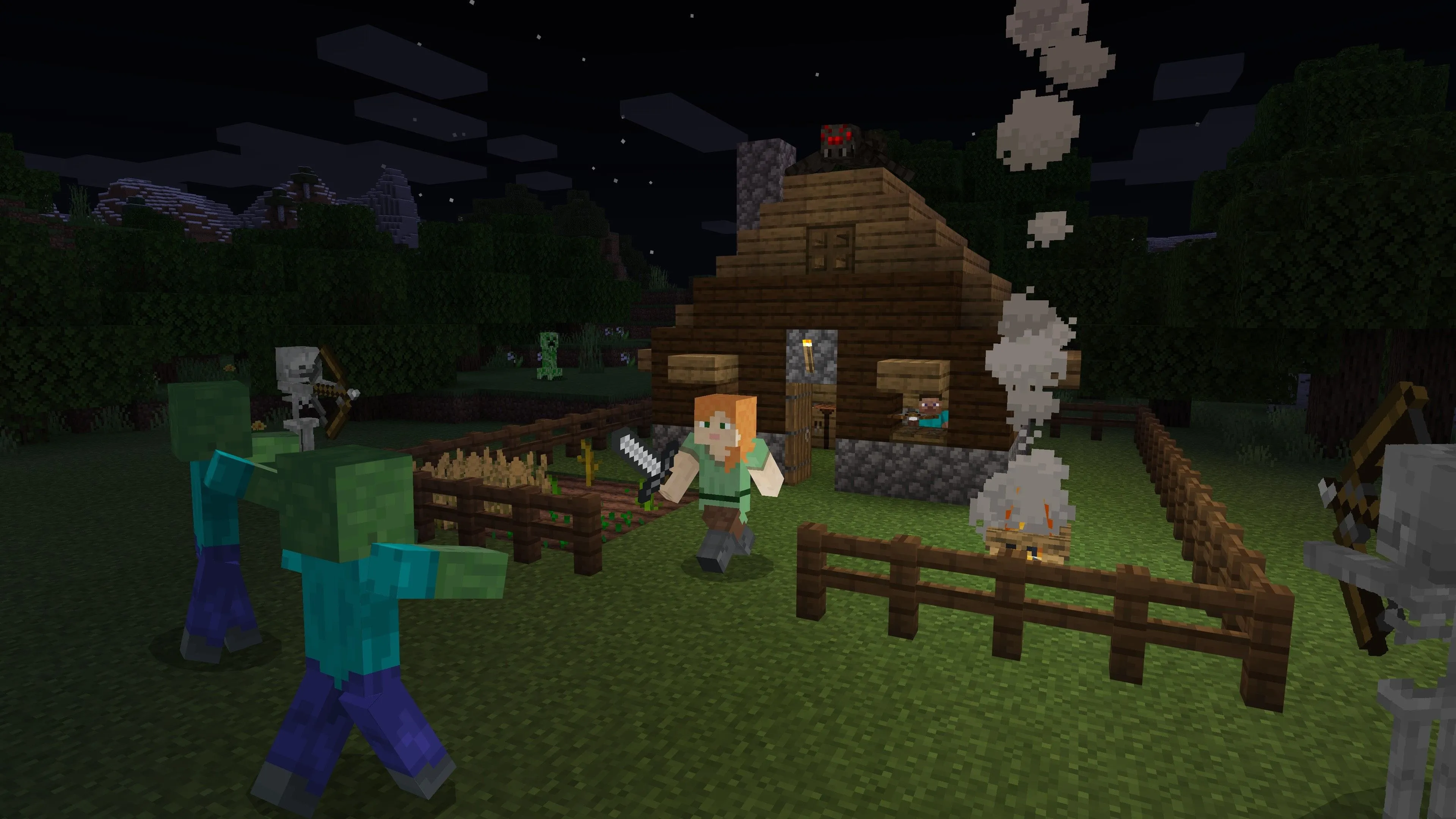 Một nhân vật đang chiến đấu với quái vật trong game sandbox Minecraft