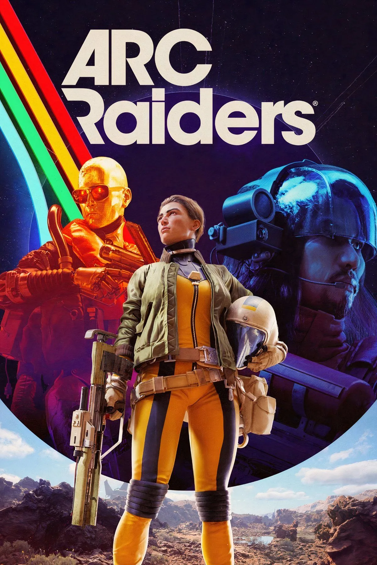 Một nhóm người chơi ARC Raiders đối mặt với những cỗ máy robot khổng lồ trong một thế giới hậu tận thế.