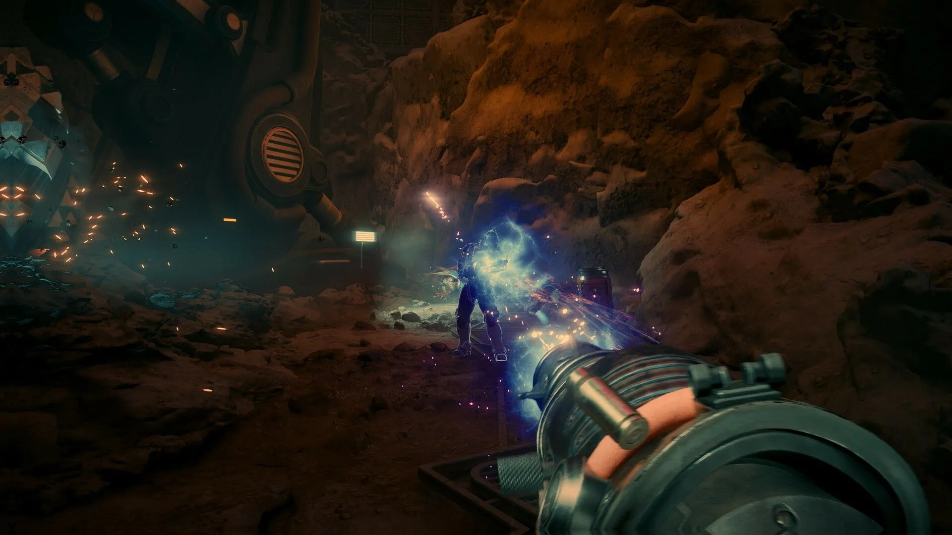 Một pha hành động trong The Outer Worlds 2, làm nổi bật vũ khí và kẻ thù.