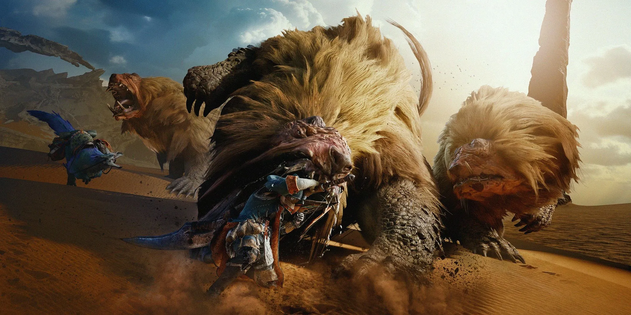 Một thợ săn chiến đấu với quái vật trong game Monster Hunter Wilds