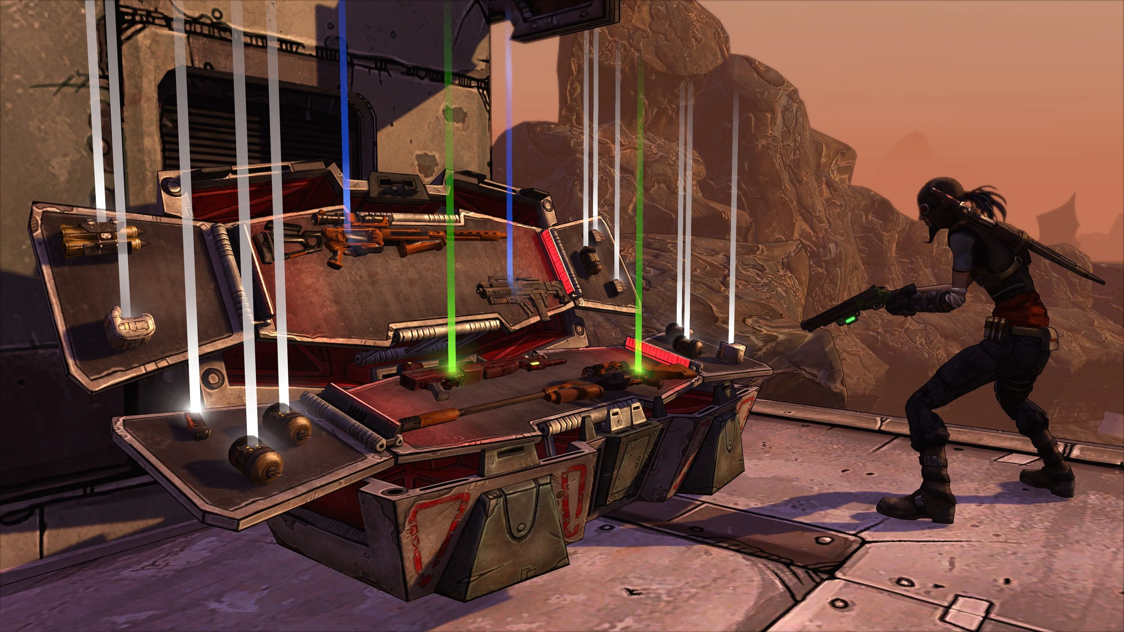 Một thùng đồ mở ra với nhiều vũ khí trong game Borderlands