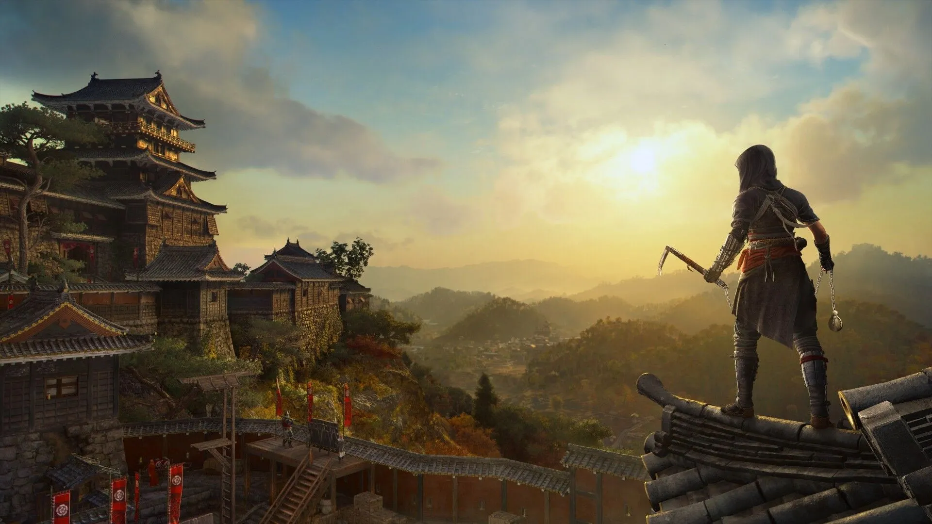Naoe chuẩn bị ám sát từ trên cao trong Assassin's Creed Shadows