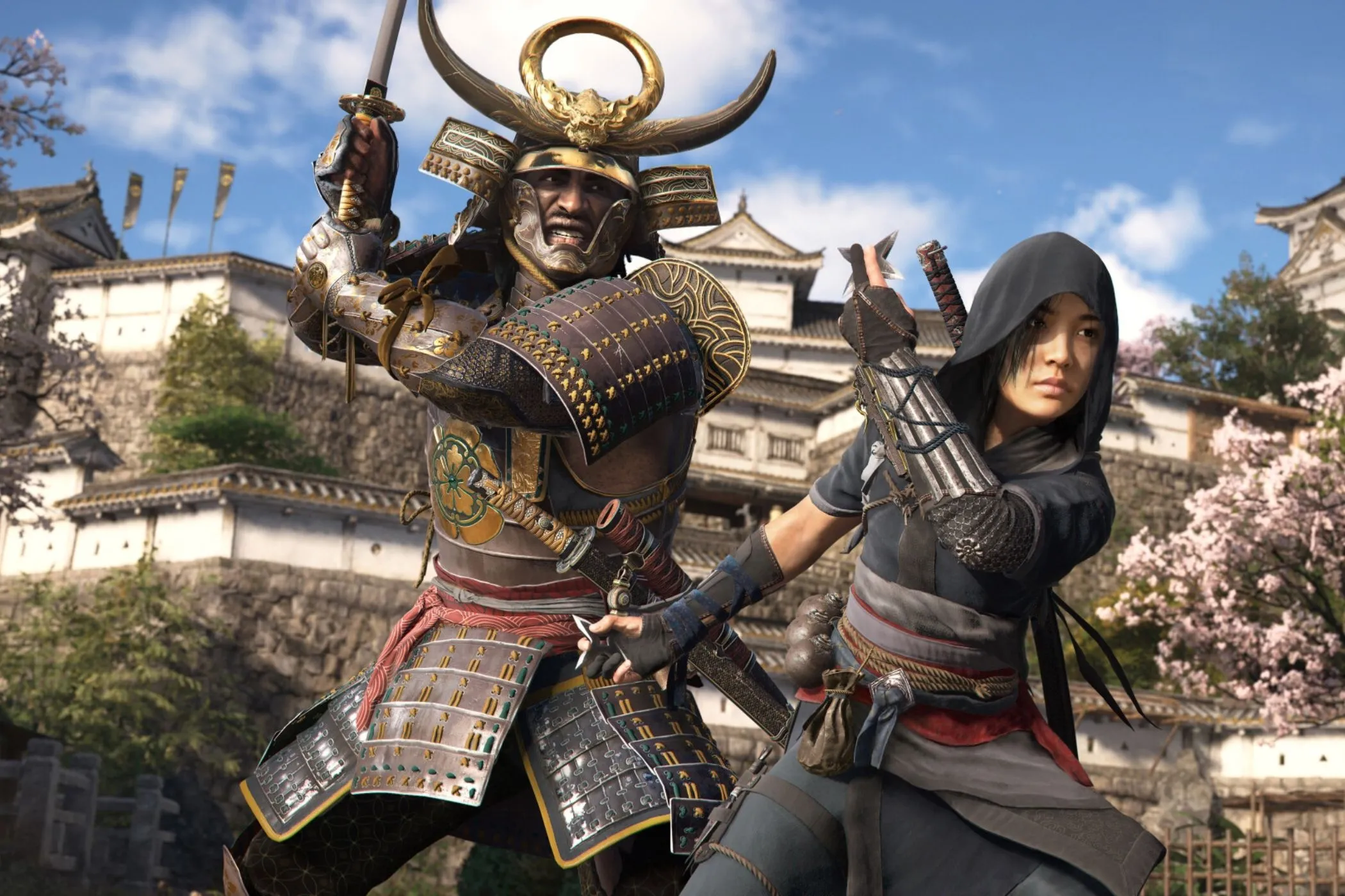 Naoe và Yasuke đứng cạnh nhau trong một cảnh game Assassin's Creed Shadows, biểu thị việc lựa chọn nâng cấp phù hợp cho từng nhân vật.