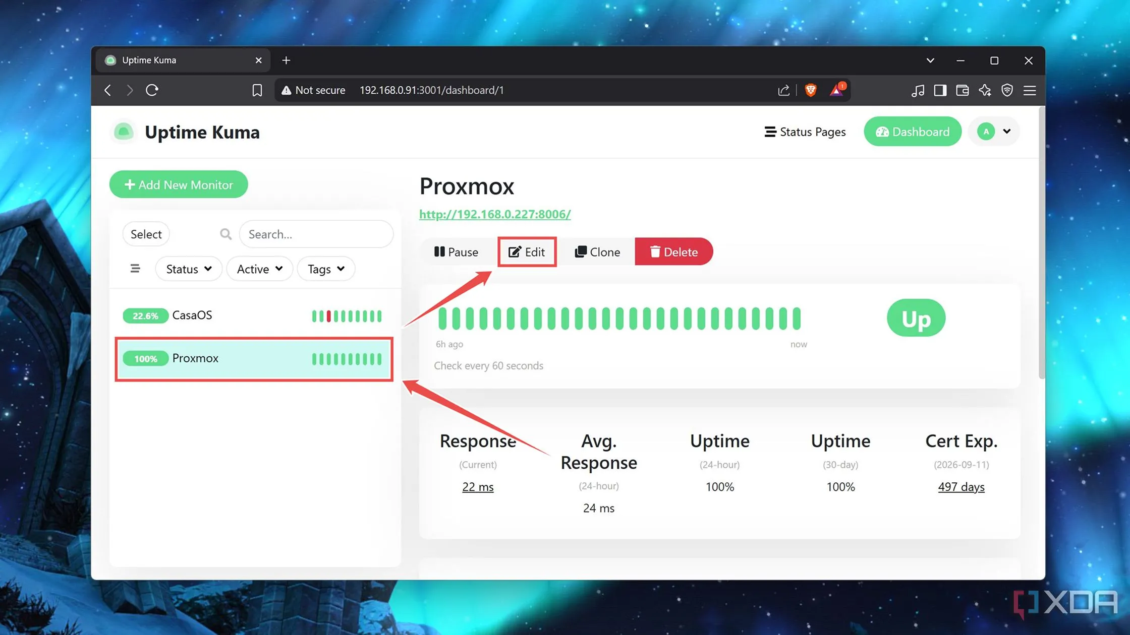 Nhấn nút Chỉnh sửa (Edit) dưới dịch vụ cần cấu hình thông báo trên Dashboard Uptime Kuma.