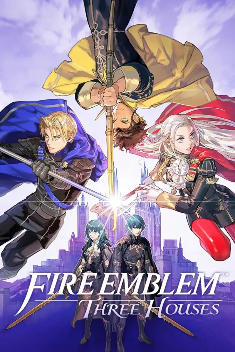 Nhân vật Byleth và ba thủ lĩnh nhà trong Fire Emblem Three Houses, biểu tượng cho cốt truyện phân nhánh