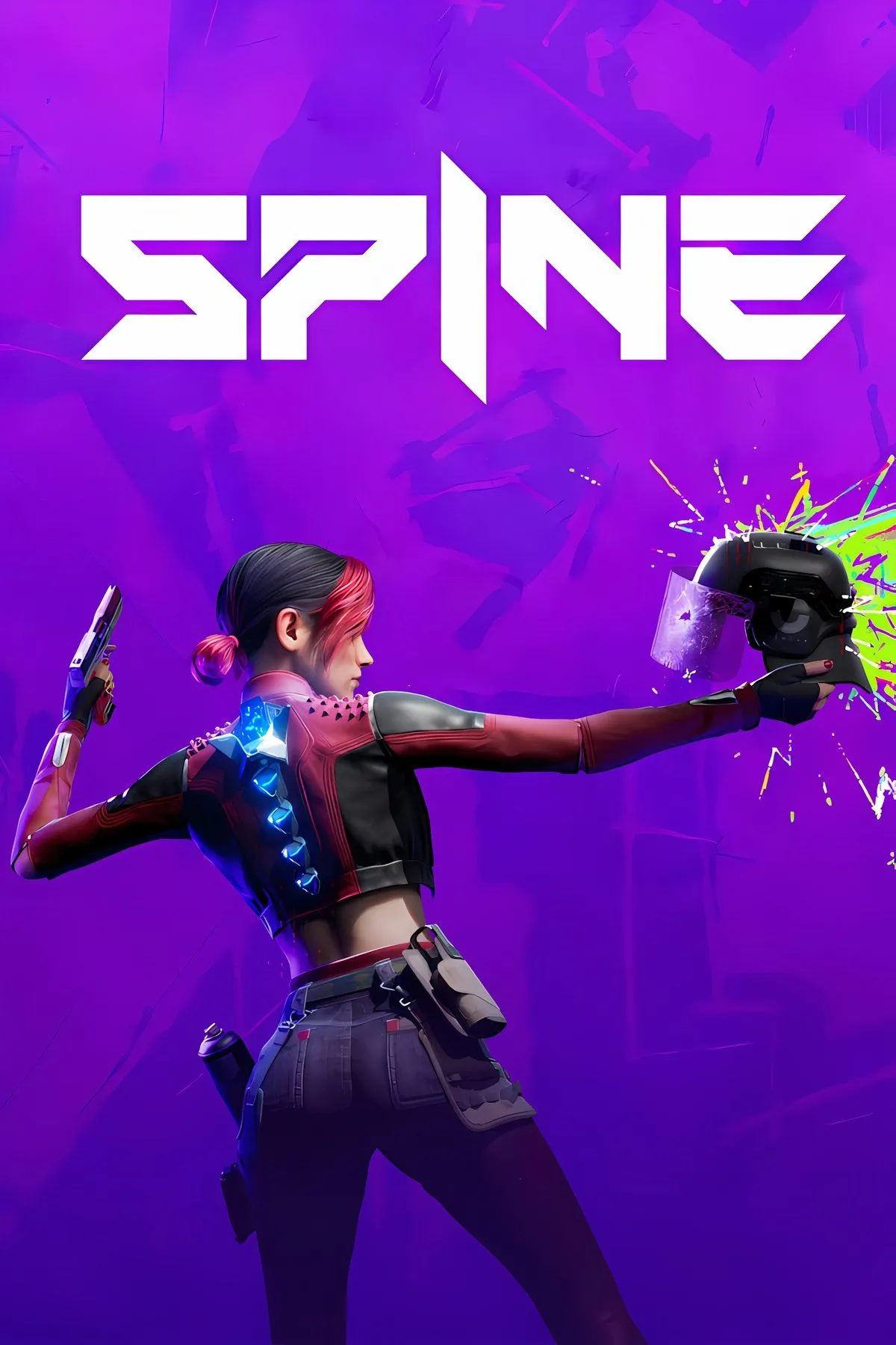 Nhân vật chính game SPINE với phong cách gun-fu đầy ấn tượng, di chuyển trong khung cảnh neon rực rỡ.