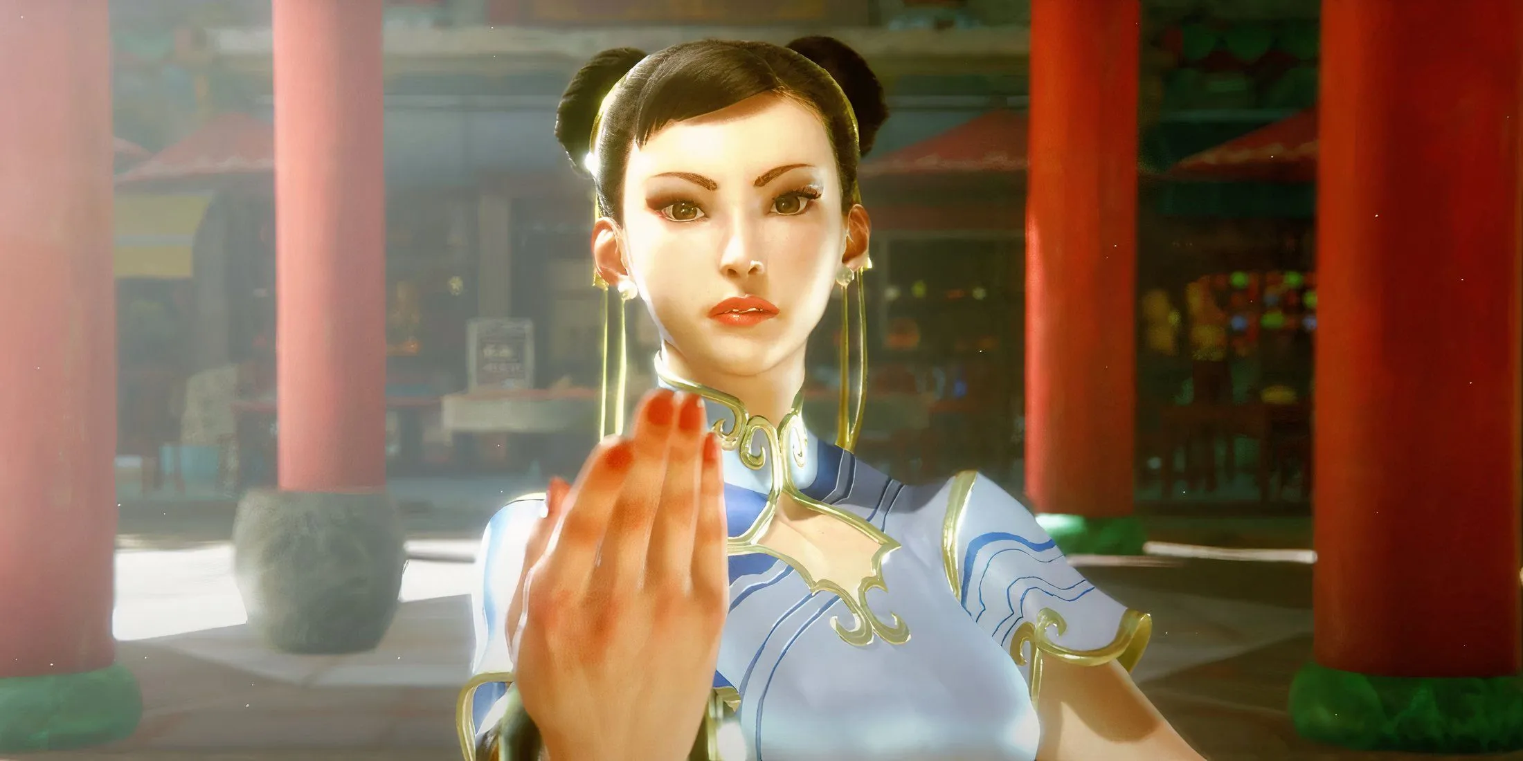 Nhân vật Chun-Li trong Street Fighter 6 với tư thế chiến đấu đặc trưng.