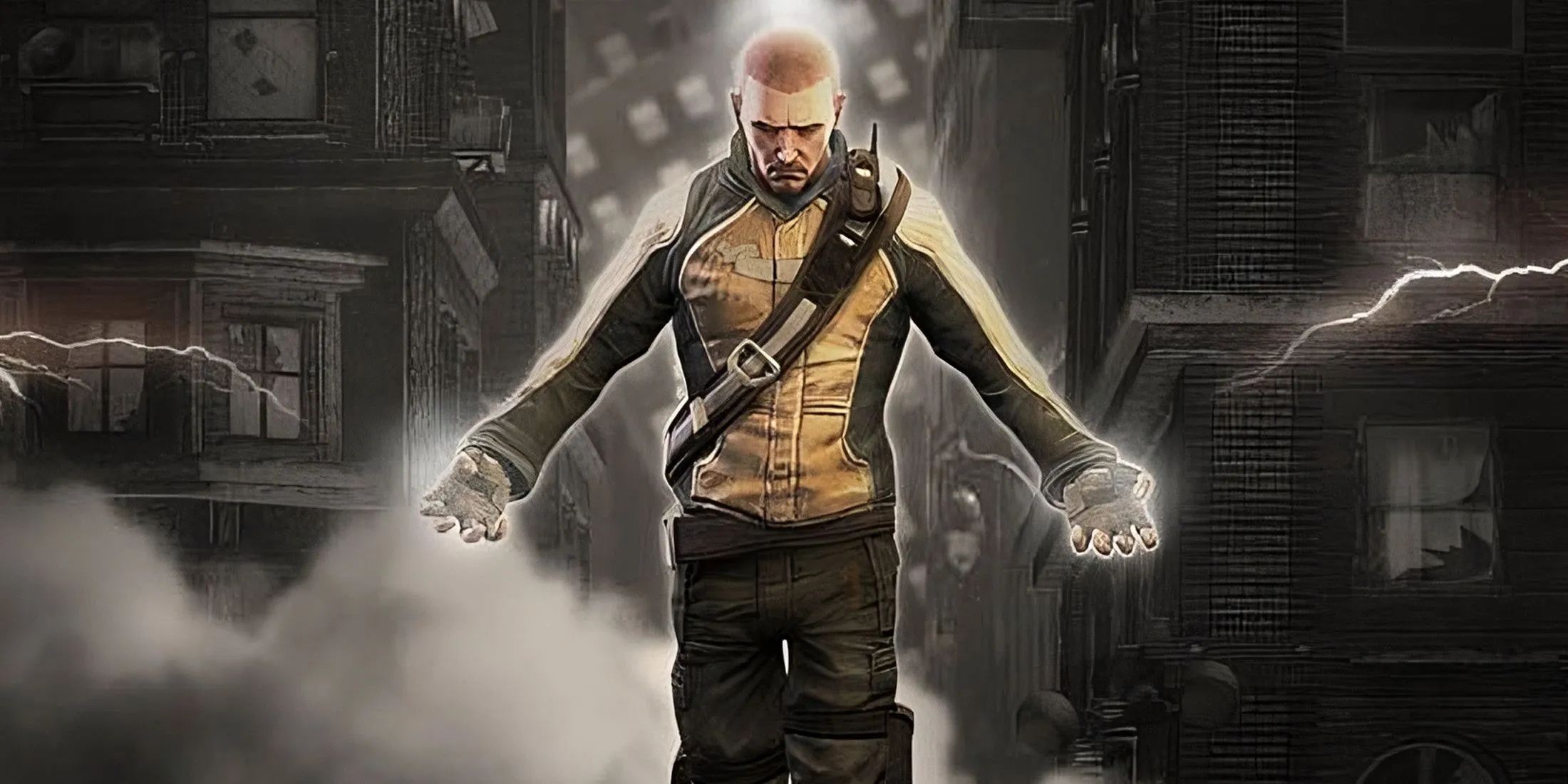 Nhân vật Cole McGrath đang sử dụng sức mạnh điện trong game Infamous, tạo hiệu ứng ấn tượng.